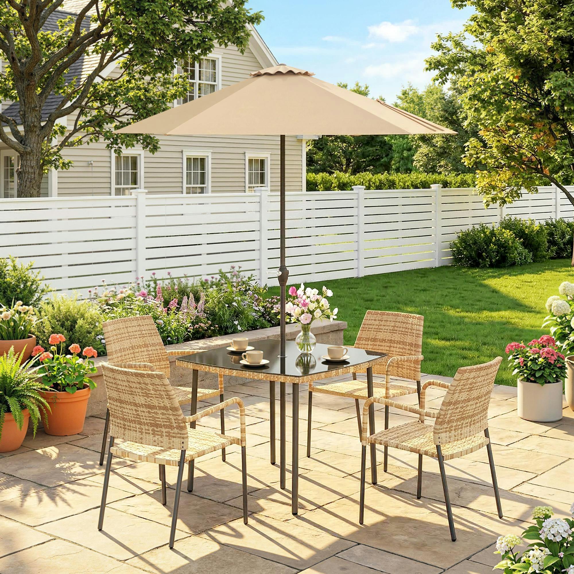 Outsunny Light/Brown 4 Seater Rattan Dining Set With Parasol