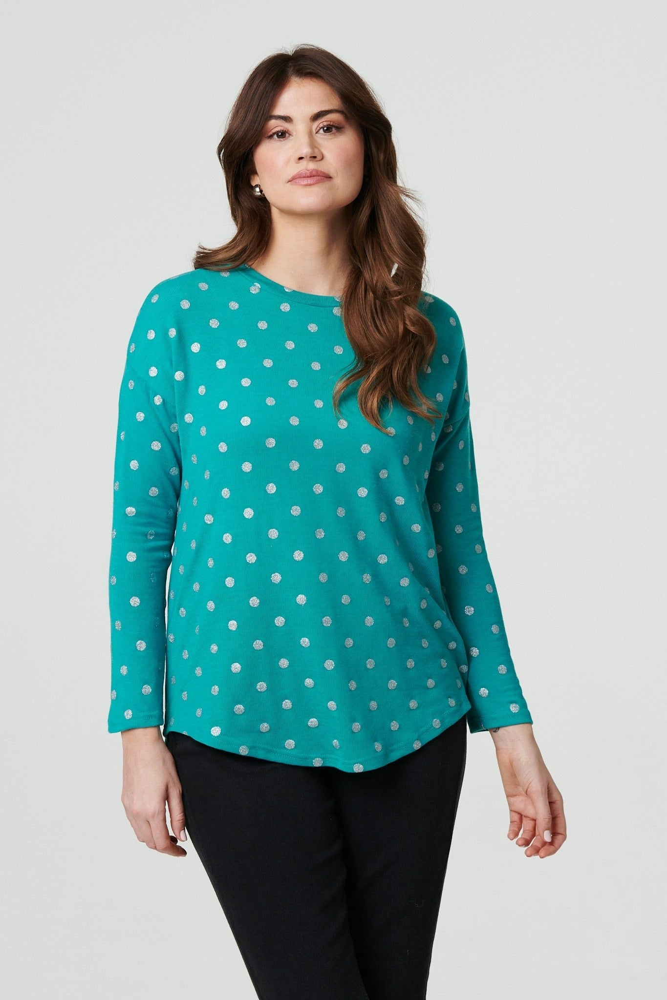 Izabel London Green Polka Dot Print Relaxed Long Sleeve Top - 14
