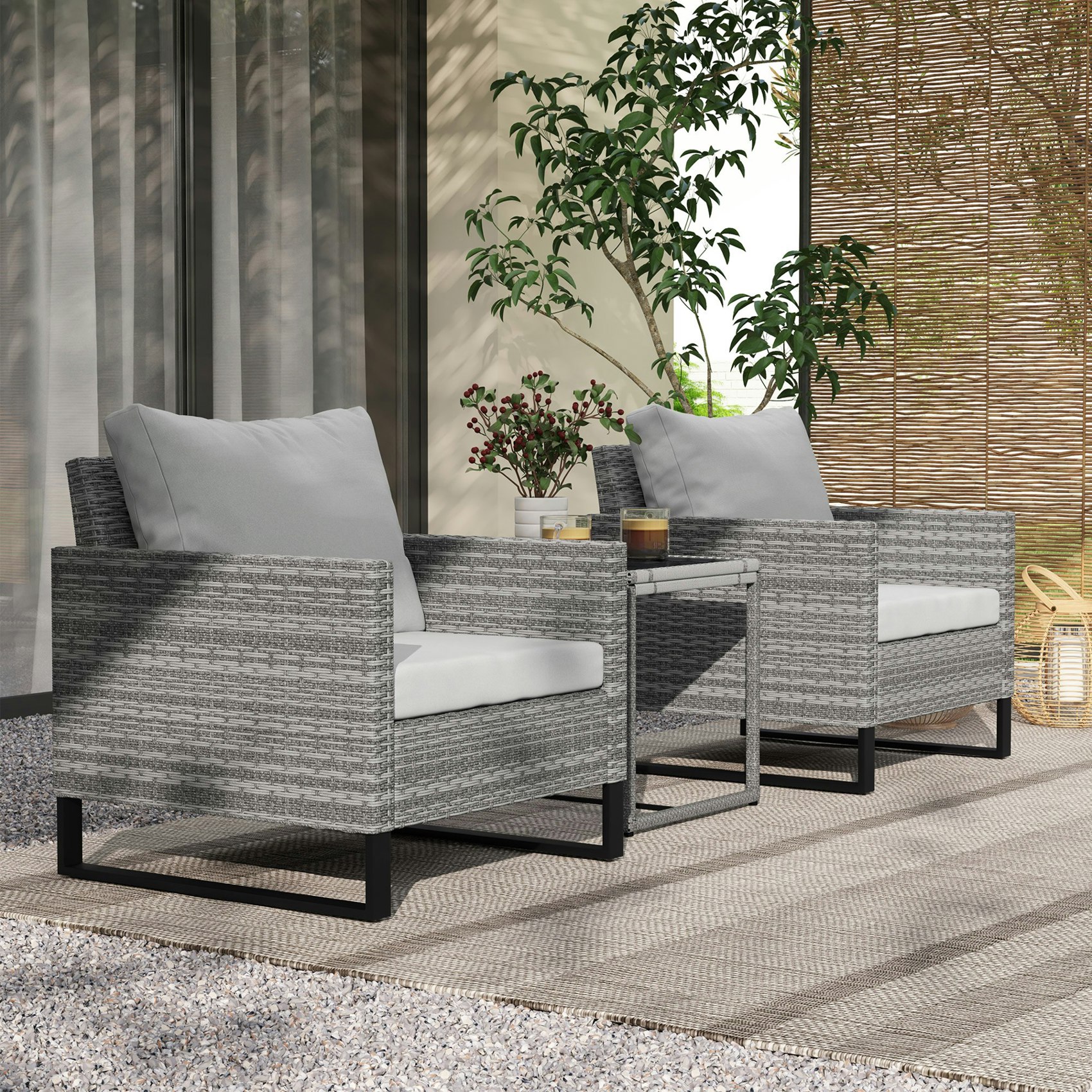 Rackhams Light/Grey 3Pcs Rattan Bistro Set Glass Top Table And Chairs With 4 Cushions - Steel, Pe Rattan - 75H X 68W X 66D Cm