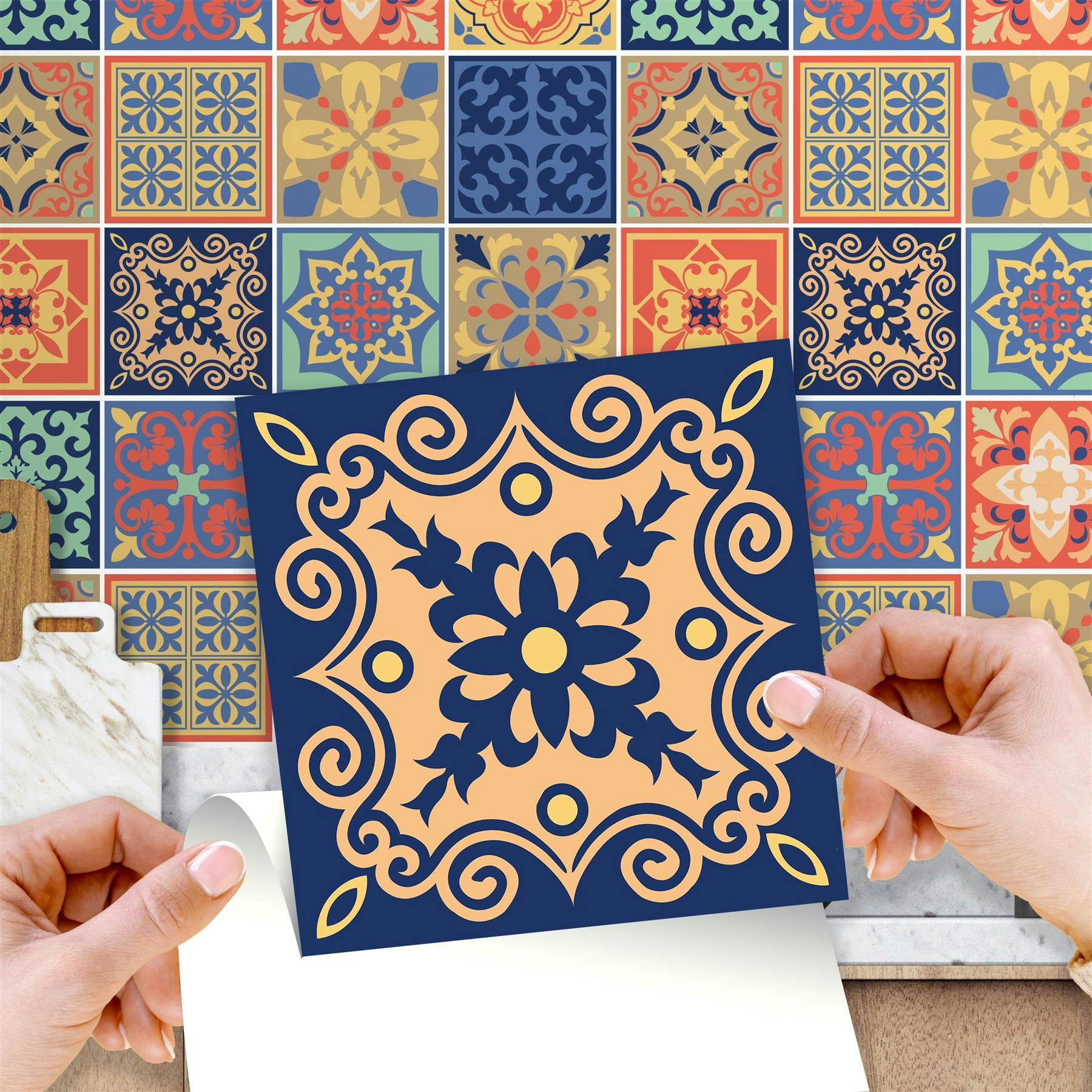 Walplus Wt1568 - Mara Colourful Mix Mediterranean Wall Tile Sticker Set - 15 Cm X 15 Cm - 24 Pcs