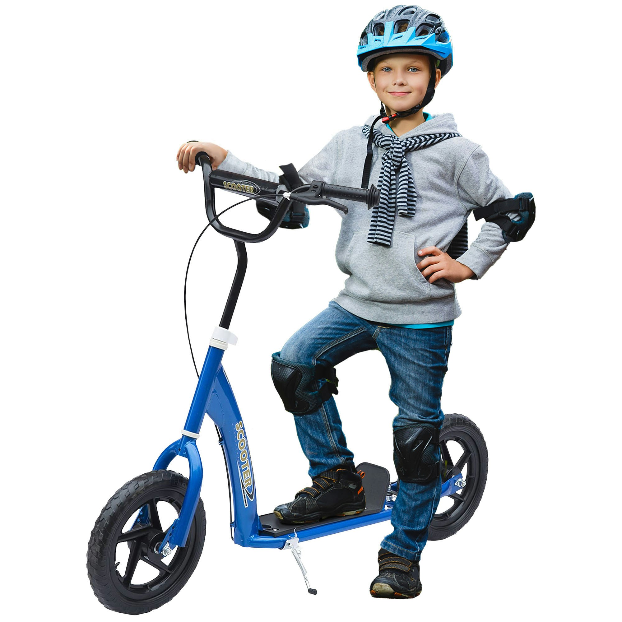 Homcom Blue Kids Scooter Kick Scooter With 12" Eva Tyres, Rear Brake, Big Wheels Scooter For 5-12 Years Old - Bicycle Scooter Size 12