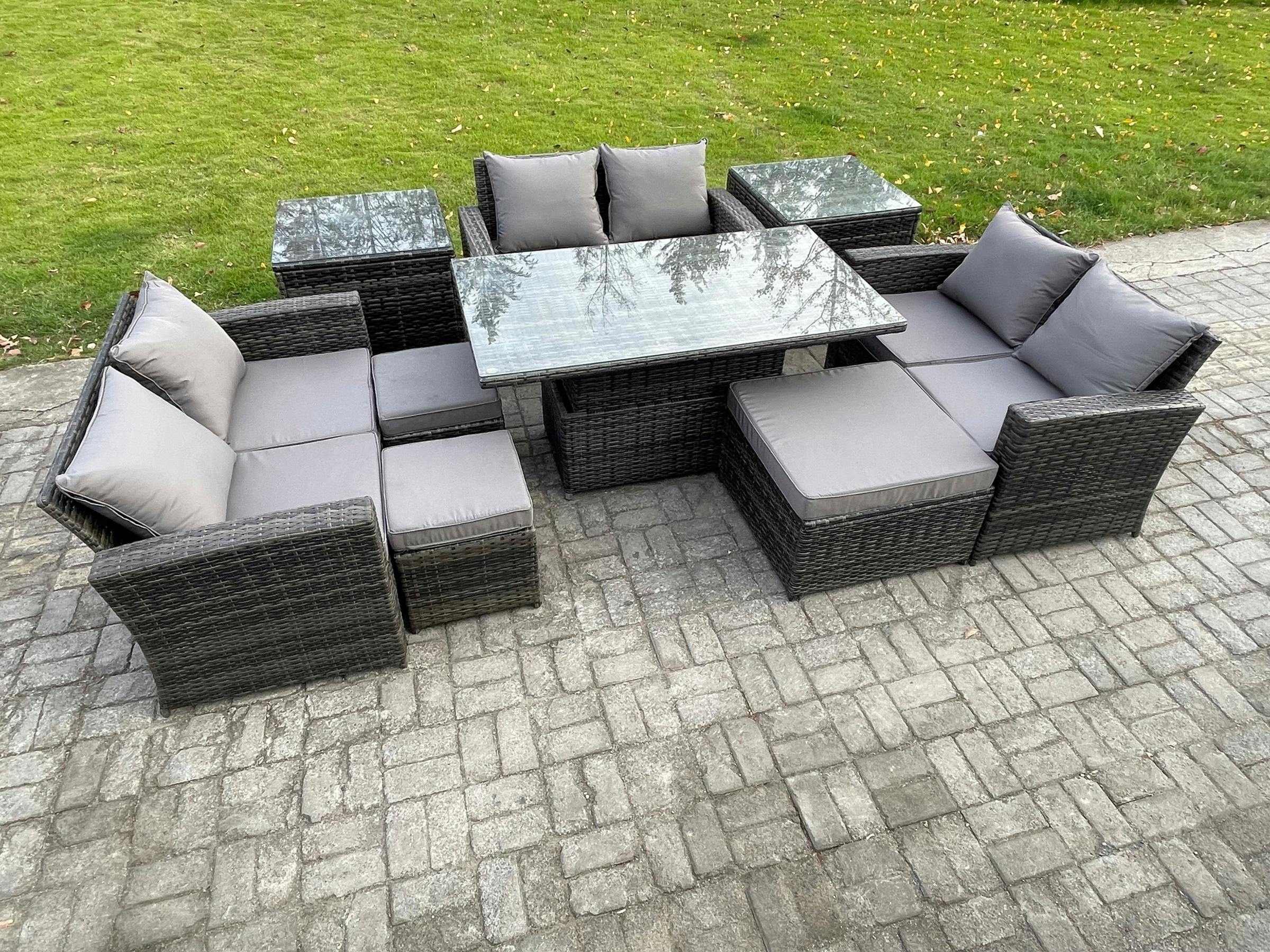 Fimous Dark/Grey Wicker Pe Rattan Garden Set, Adj Height Table Sofa Dining, Double Seat Sofa, 3 Footstools And 2 Side Tables, Mixed