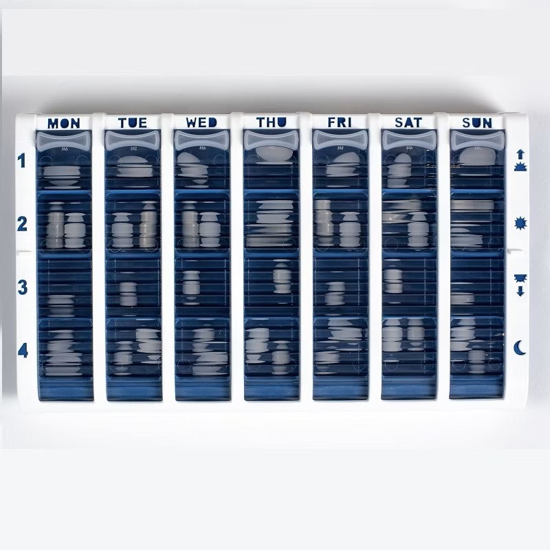 Pivotell Blue Weekly Pill Organiser - 7 Day (28 Compartments / 4 Doses A Day) Pill Storage With An Innovative Easy To Open Roller Shutter