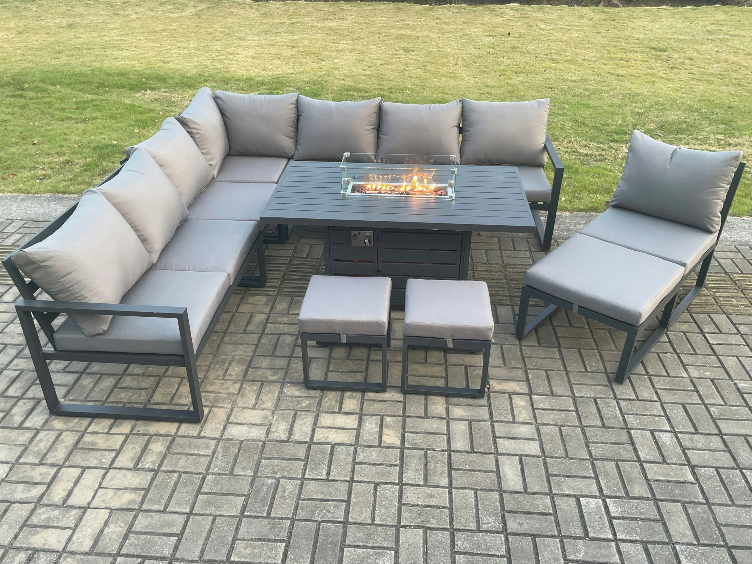 Rackhams Grey 10 Seater Aluminium Outdoor Garden Furniture Set With Gas Fire Pit Dining Table, Corner Sofa & 3 Footstools