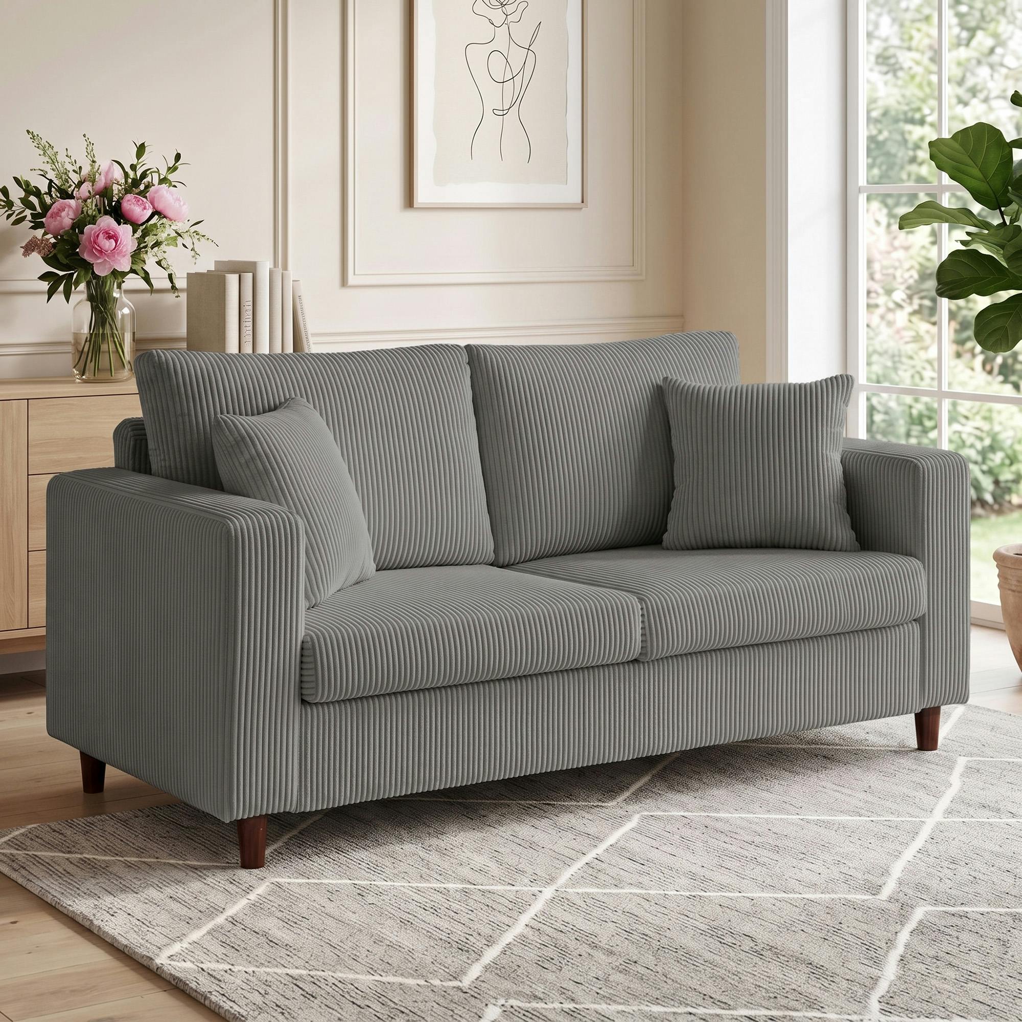 Rackhams Light/Grey Loveseat Sofa With Wide Seat, Corduroy Upholstered,