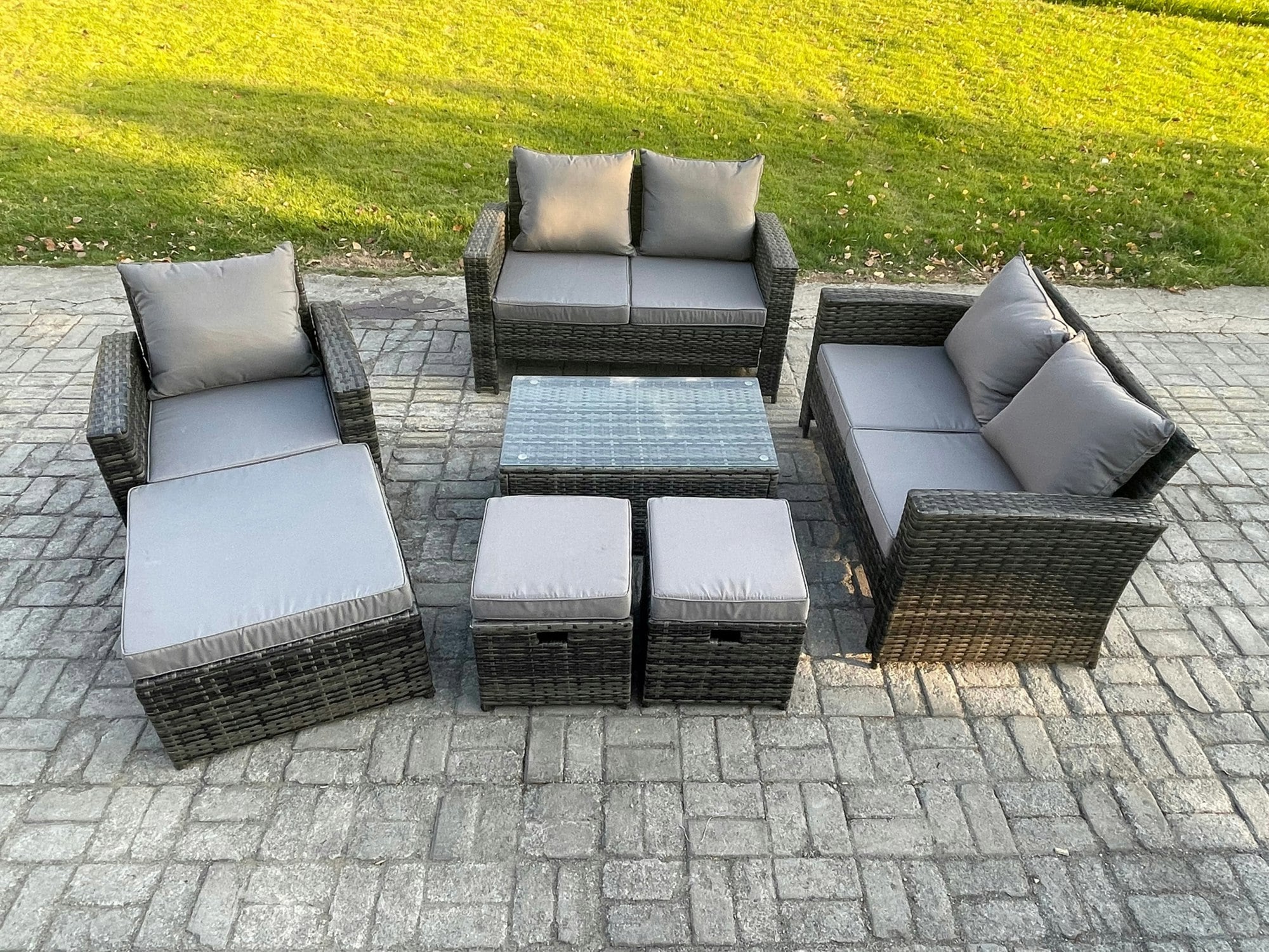 Rackhams Dark/Grey Rattan Garden Furniture Set 8 Seater Patio Outdoor Lounge Sofa Chair Set With Rectangular Coffee Table 3 Footstools Mixed