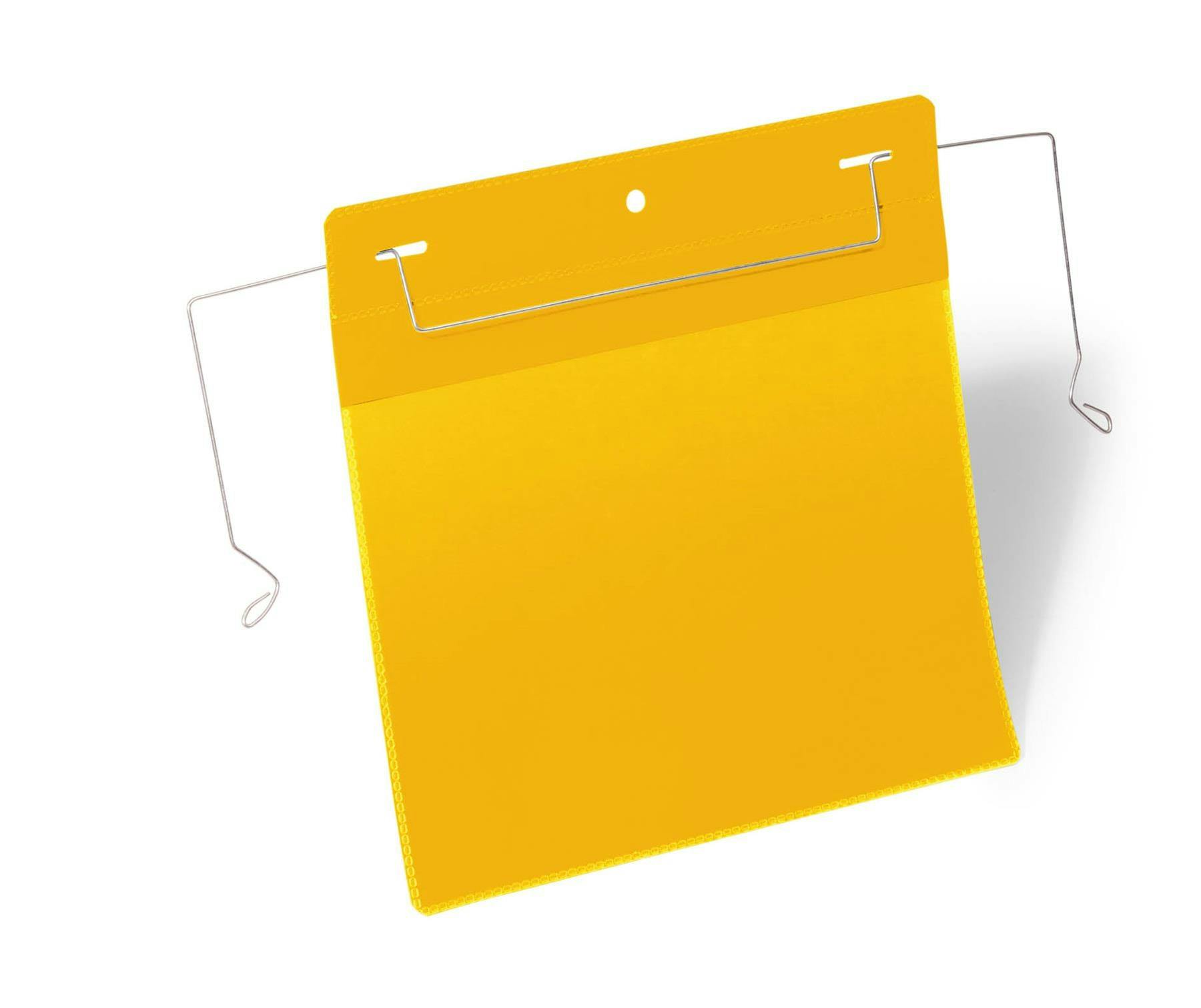 Rackhams Yellow Wire Hanger Ticket Holder Document Pocket | 50 Pack | A5