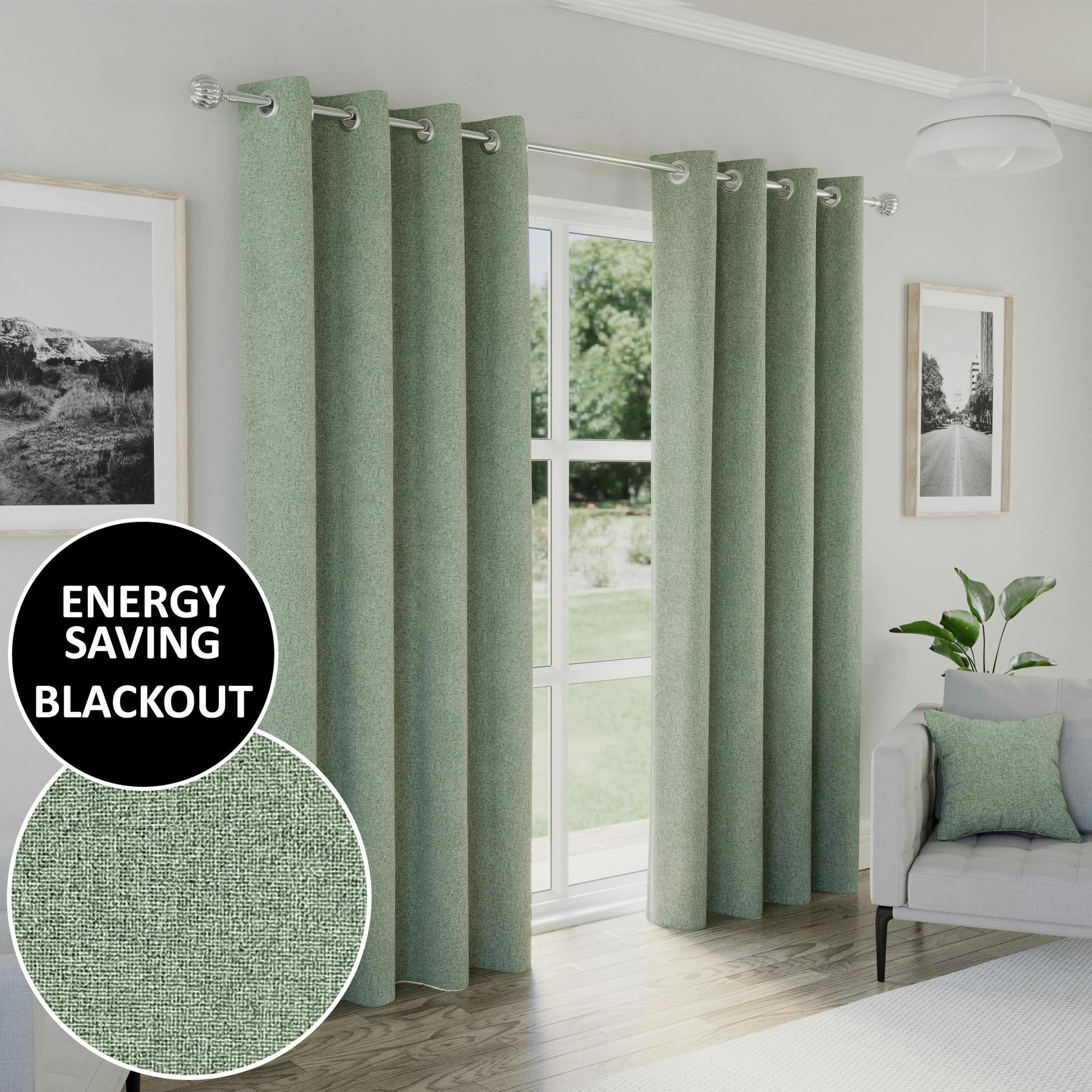 Enhanced Living Green Textured Basketweave 100% Blackout Pencil Pleat Thermal Energy Saving Curtains - Ideal For Living Rooms & Bedrooms - 46" (117Cm) Width X 54" (137Cm) Drop