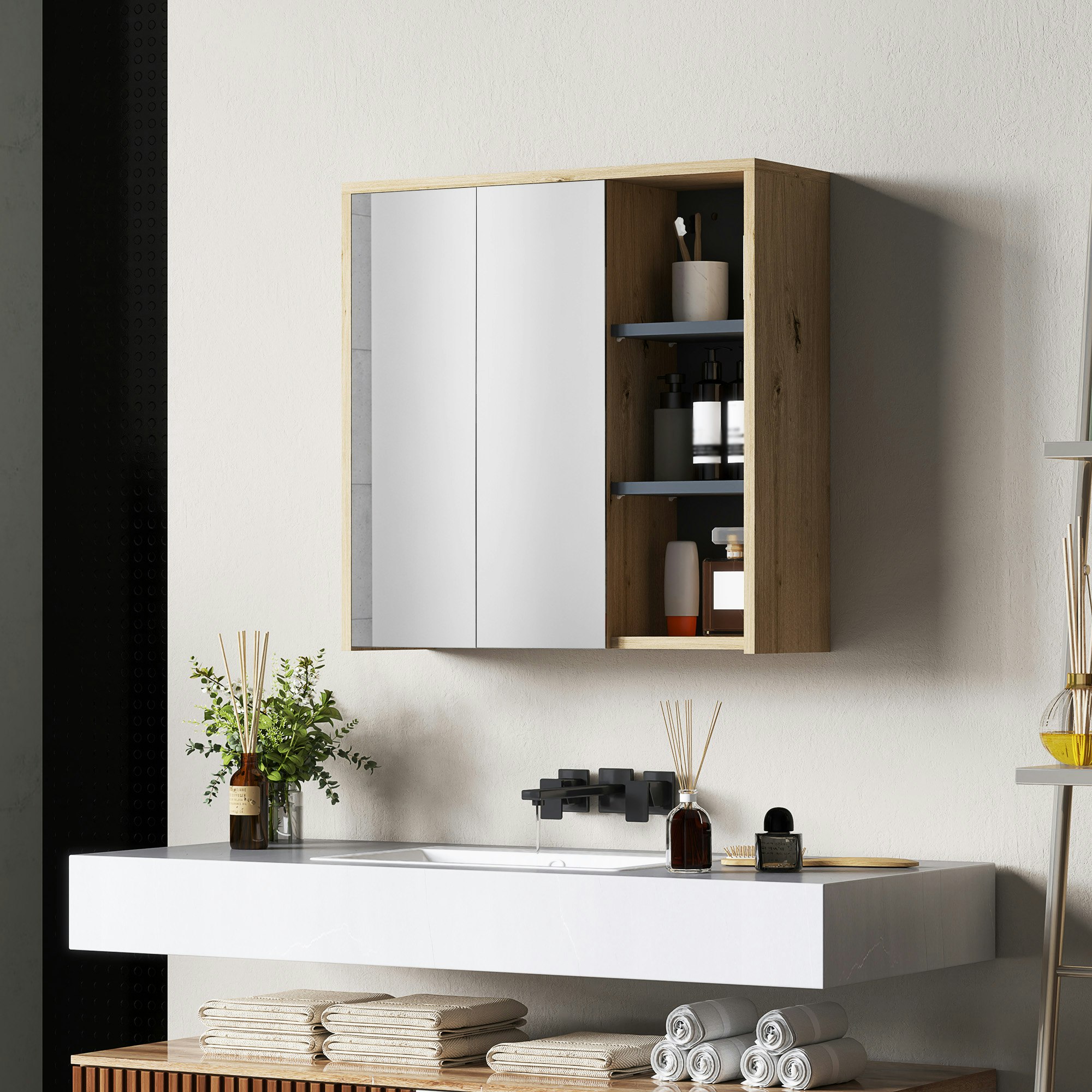 Rackhams Bathroom Cabinet Wall Mounted Mirror Storage With Shelves Natural - Natural Wood Finish