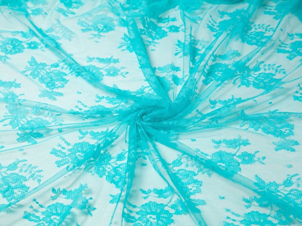 Minerva Blue Core Range Deadstock Chantilly Tulle Lace Fabric - Flowers Design Dressmaking Fabric, 130 Cm / 52" Wide - Per Metre - Aqua