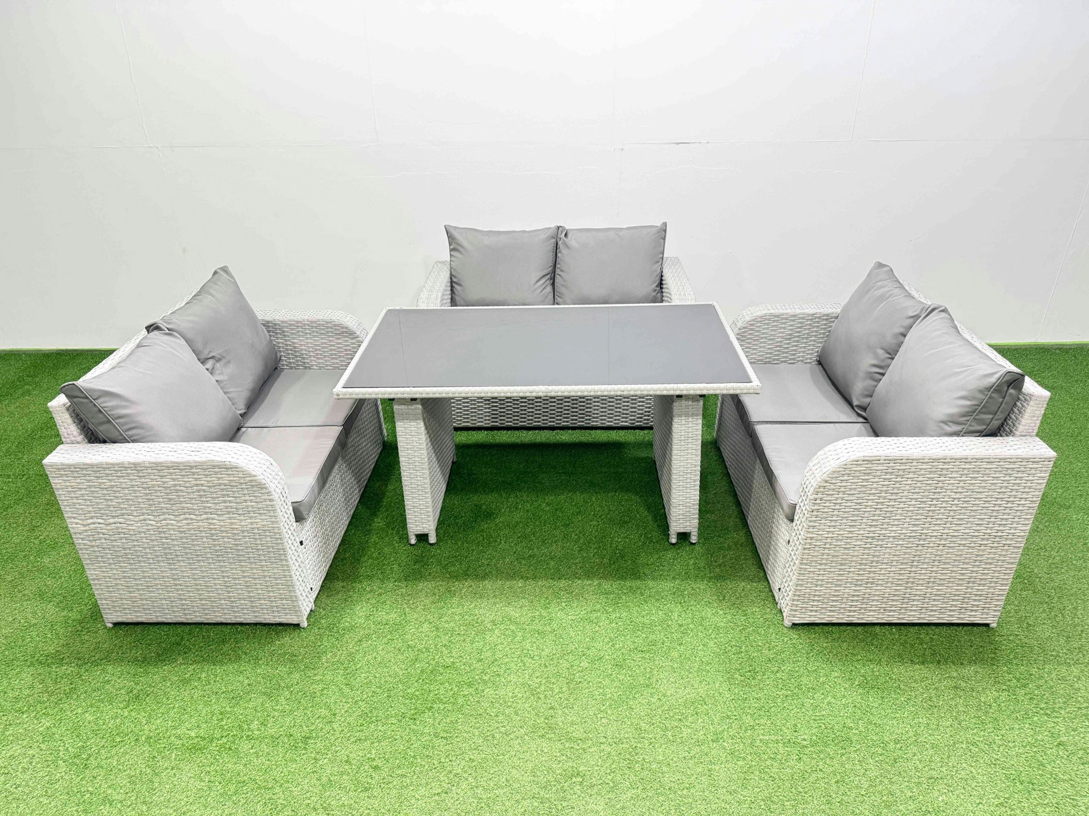 Rackhams Black/Light/Grey 6 Seater Patio Garden Furniture Sets With Glass Top Dining Table Love Sofa