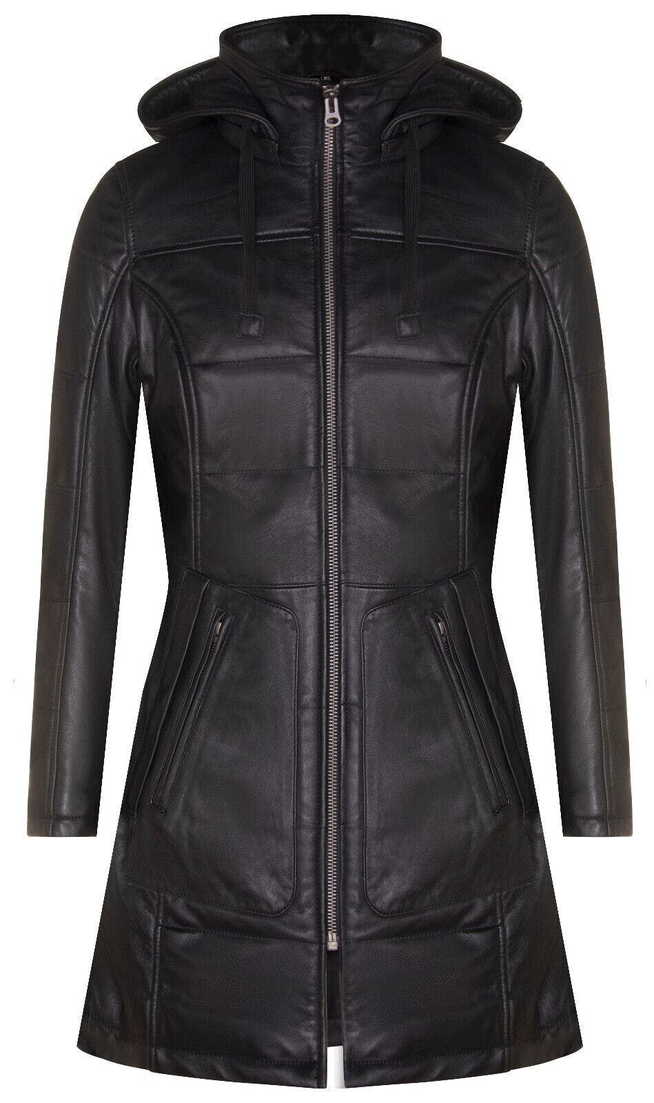 Infinity Leather Women's Black Leather Hooded Quilted Parka Coat-Olney - Uk 4XL/22 | Eu 48 | Us 18