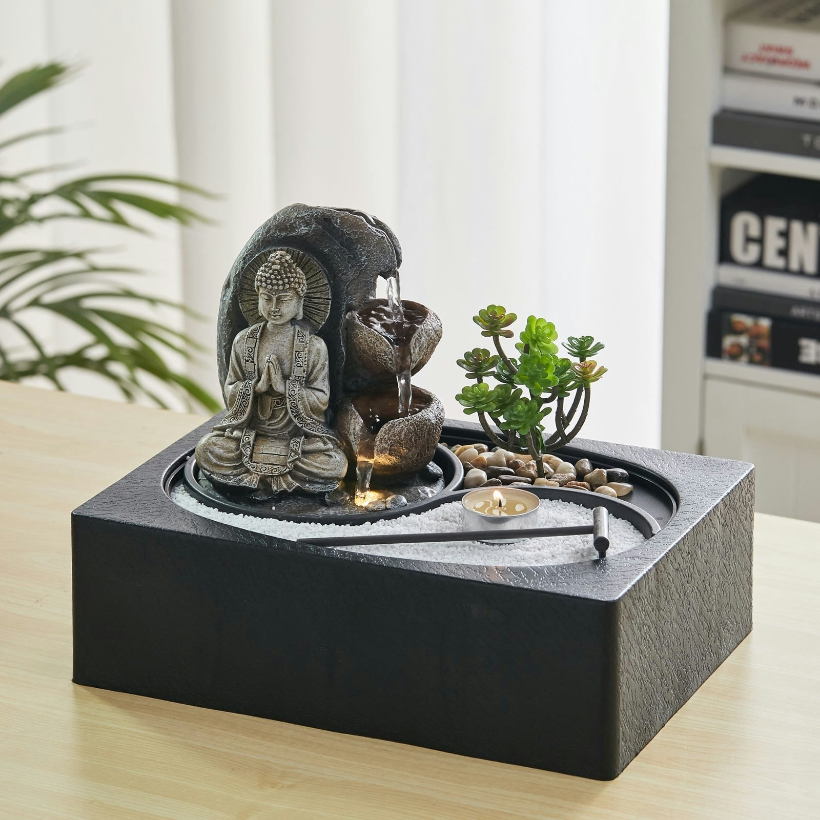 Rackhams Light Buddha Zen Tabletop Fountain With Led Tea Holder And Succulent