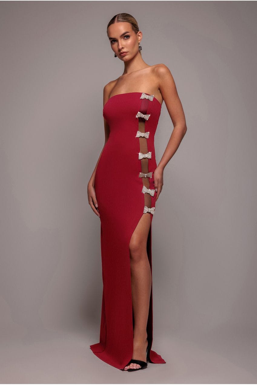 Goddiva Bow Embellished Strapless Mermaid Maxi Dress - Wine By - Wine - 10