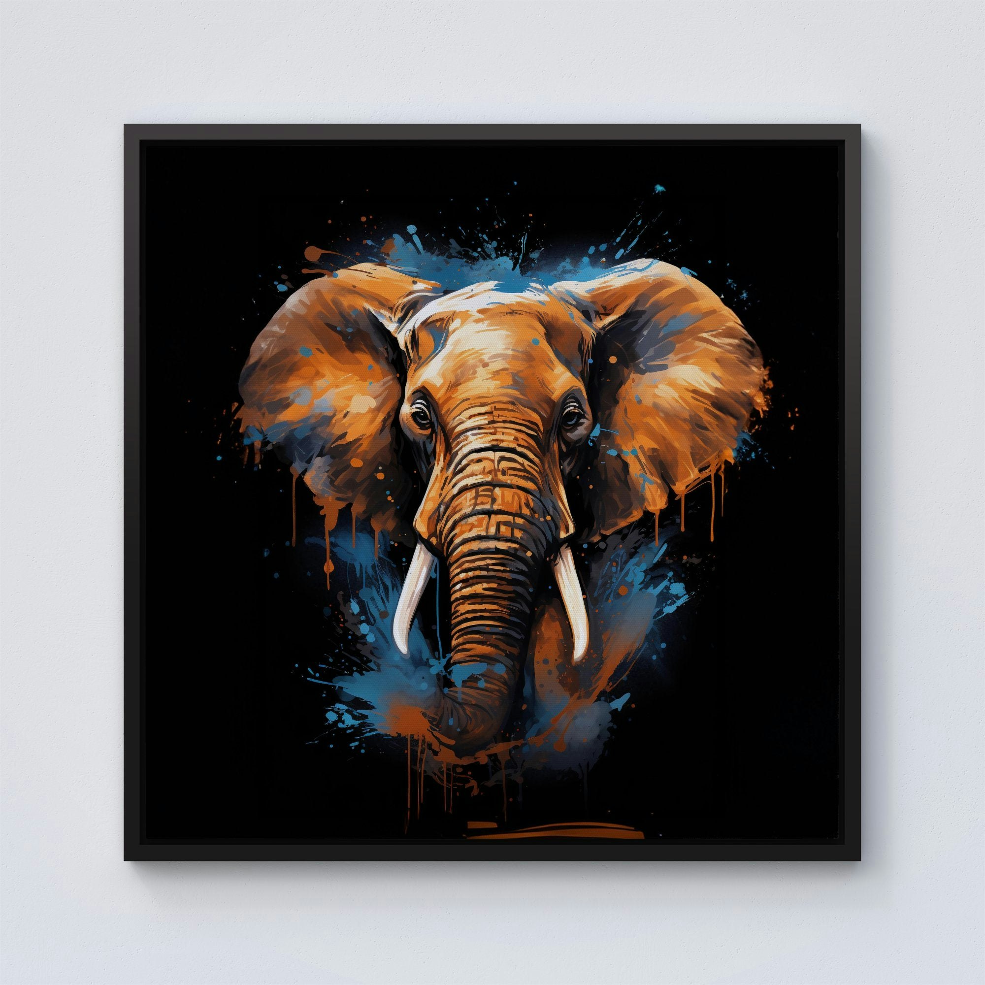 Rackhams Blue/Black Splash Art Elephant Framed Canvas - 30" X 30"