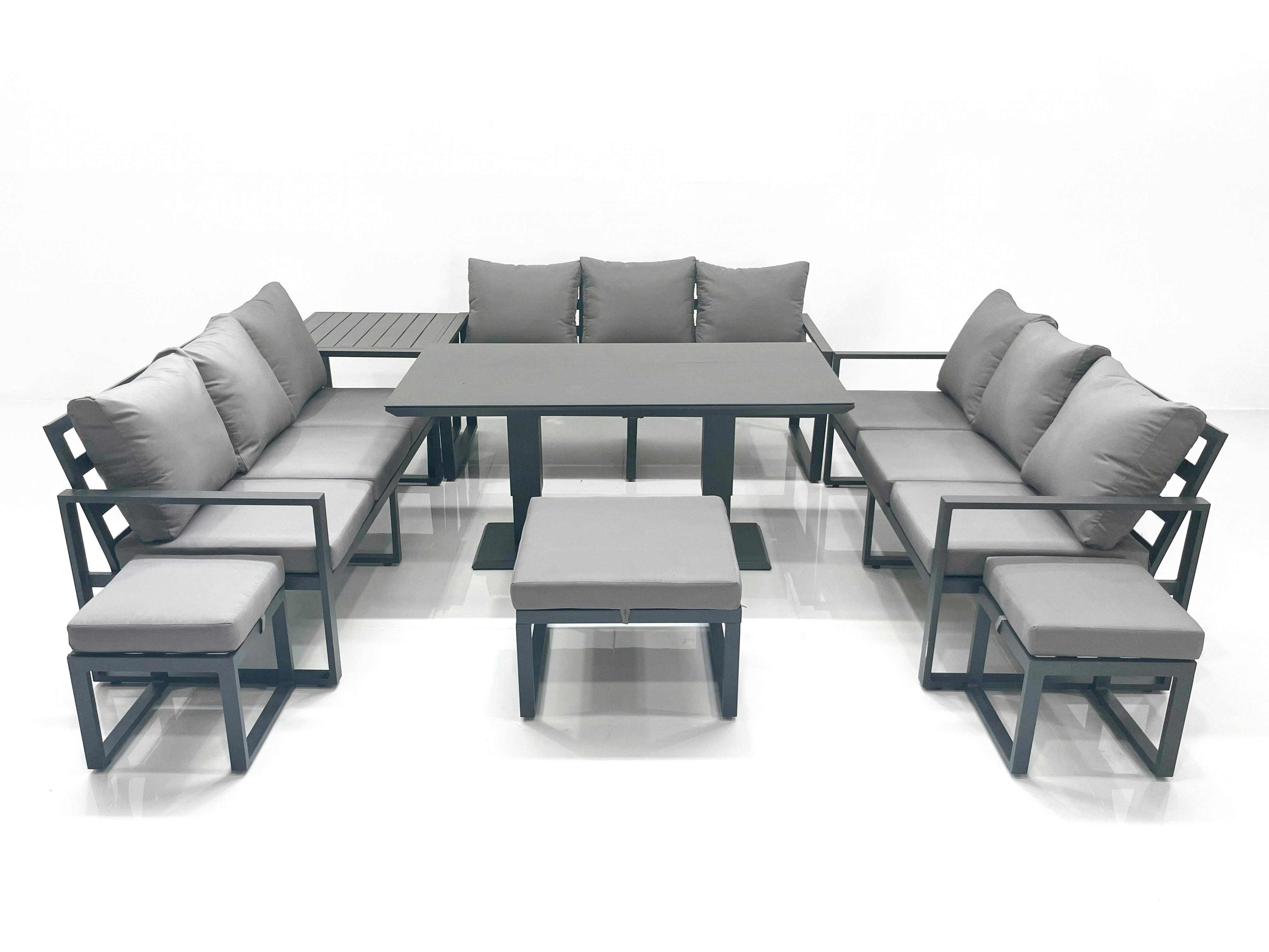 Rackhams Dark/Grey 12 Seater Garden Sofa Set Aluminium Furniture Rising Dining Tabe Set With Side Table 3 Footstools