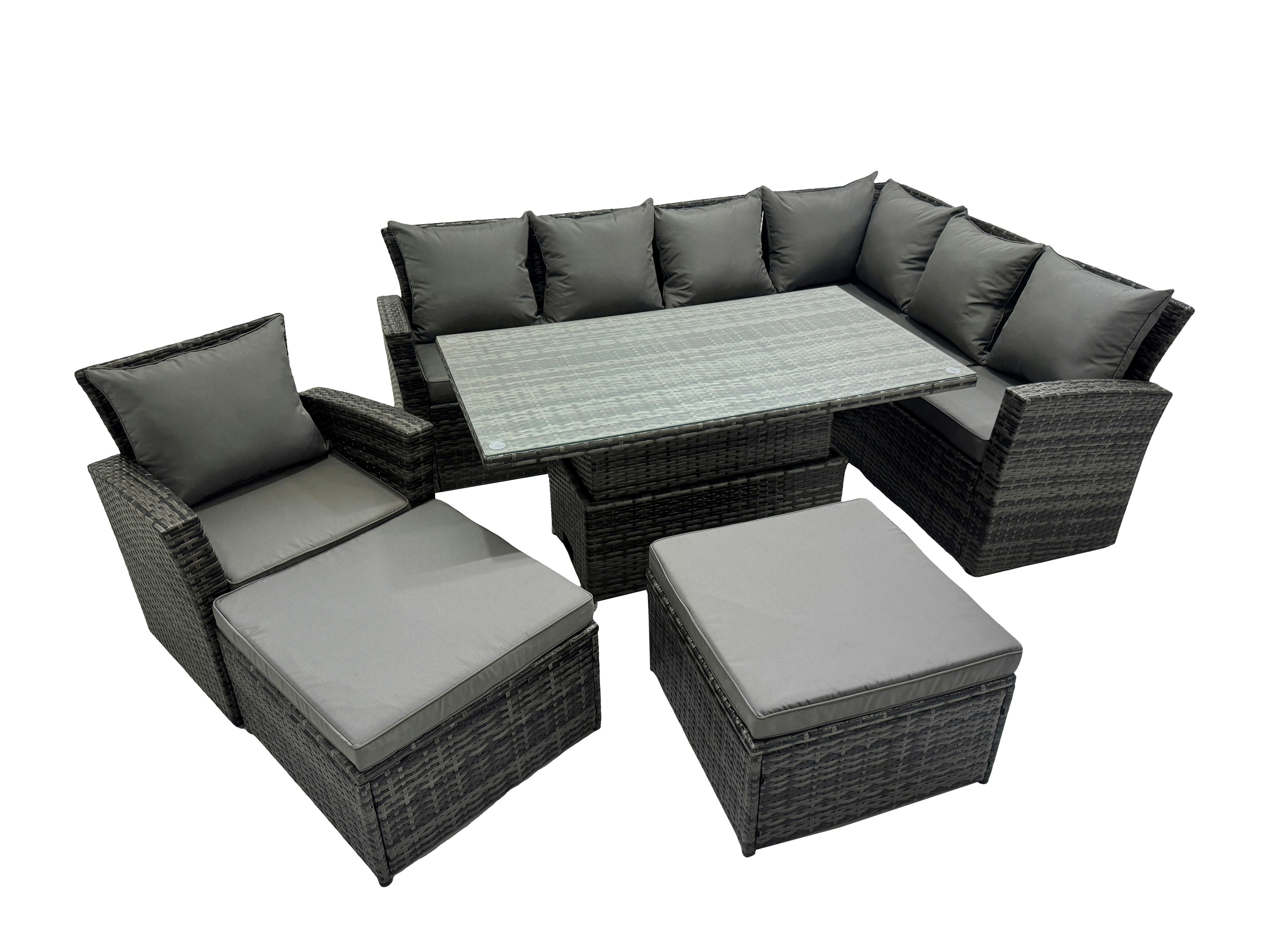 Fimous Dark/Grey 9 Seat Rattan Garden Furniture Corner Sofa Set Outdoor Adjustable Lifting Dining Or Coffee Table Set With 2 Big Footstools Mixed