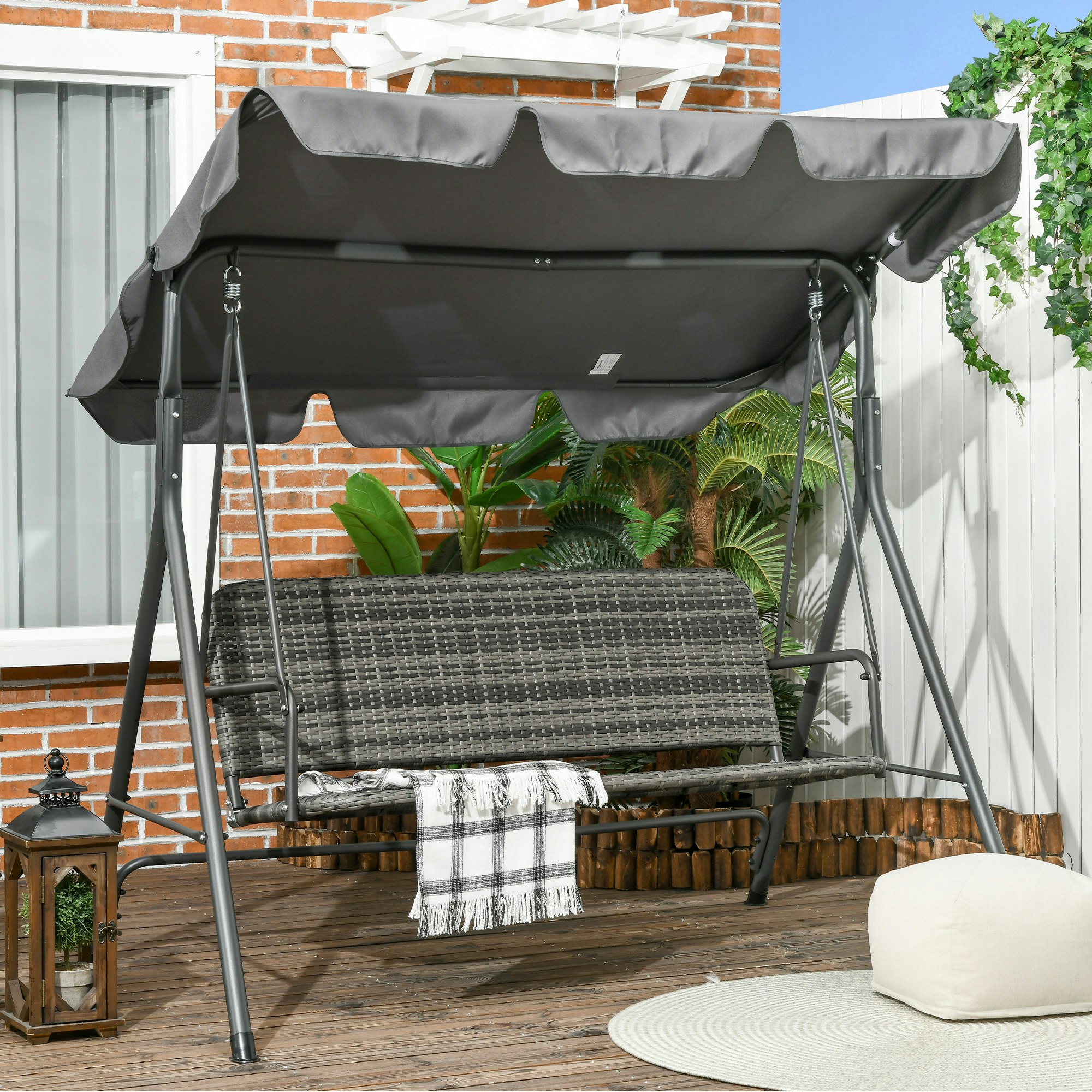 Rackhams Grey 3-Seater Rattan Swing Chair, Hanging Bench W/ Stand, Adjustable Canopy - Steel, Pe Rattan, Polyester - 167Cmx112cmx153cm