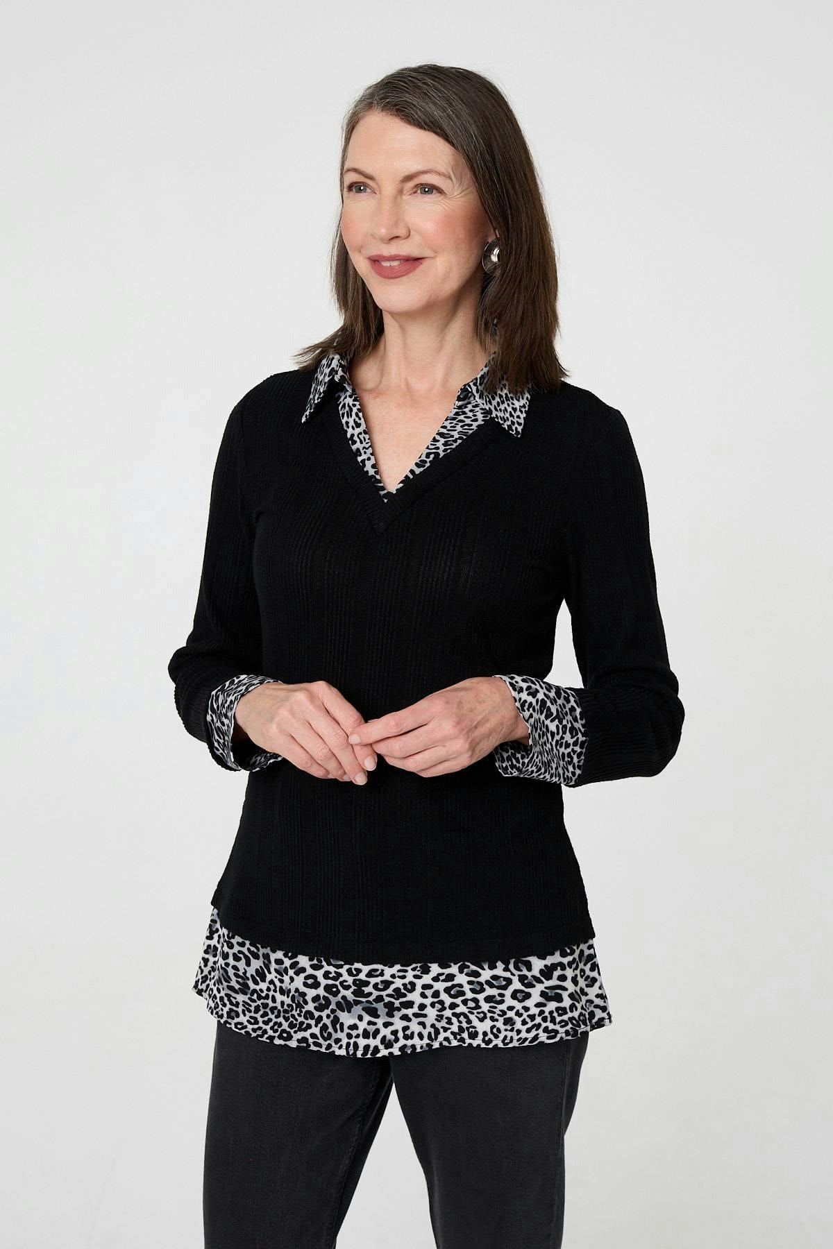 Izabel London Black Animal Print Layered Shirt Jumper Top - 8