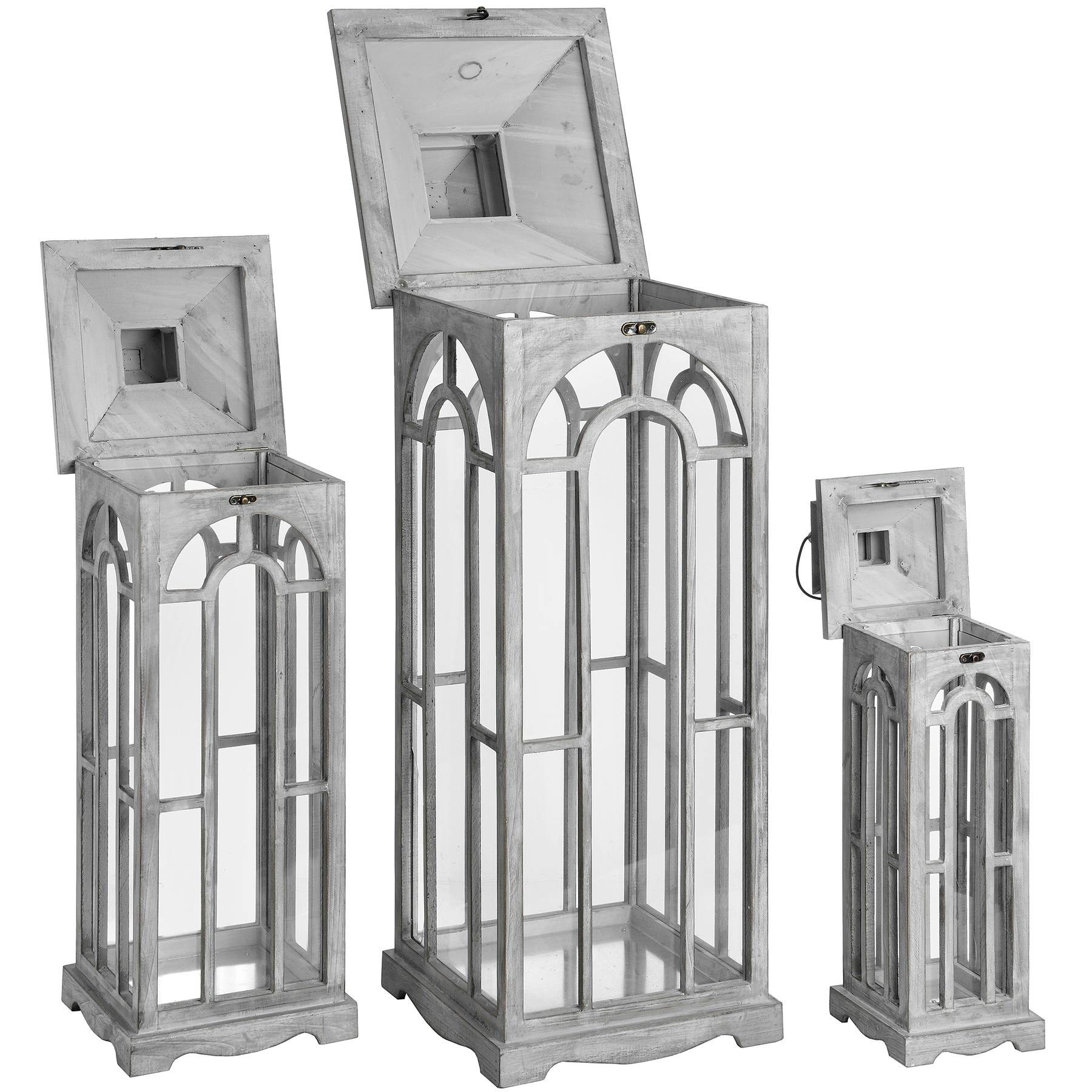 Rackhams Grey Archway Design Wooden Candle Lanterns (Set Of 3) - One Size - 34% Metal/33% Wood/33% Glass
