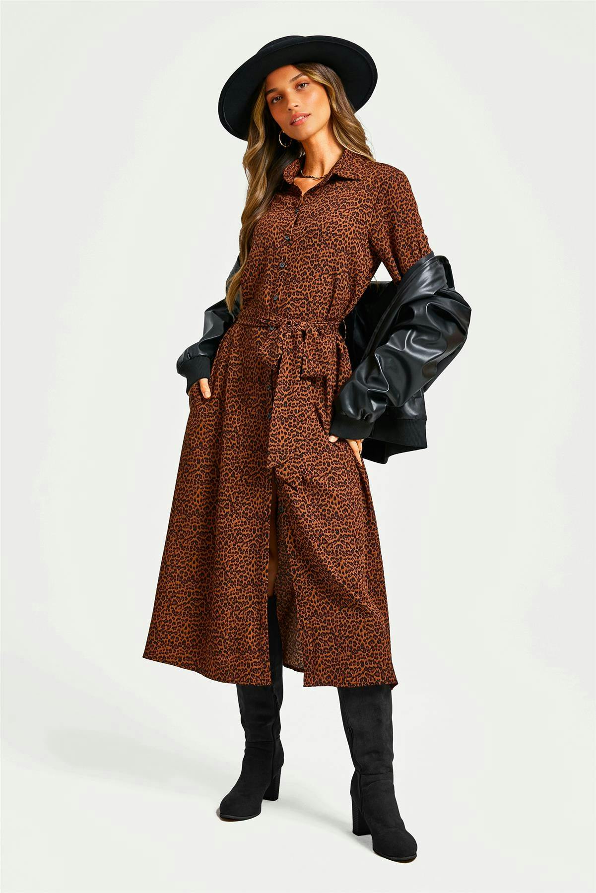 Fs Collection Brown/Gold Leopard Print Shirt Midi Dress With Tie Waist + Stretch Leaf Belt - Xl