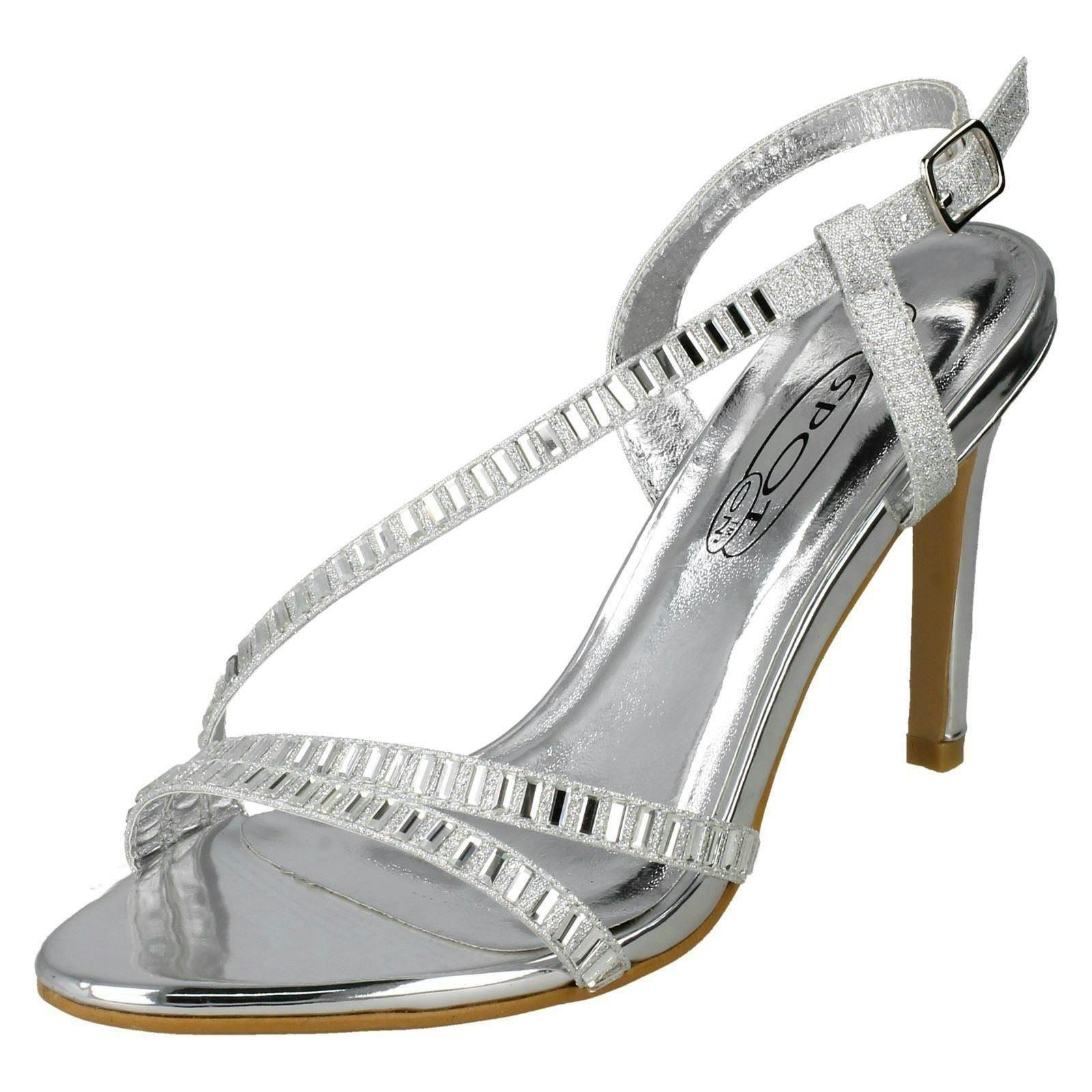 Spot On Women's Silver High Heel Diamante Sandals - Uk 6