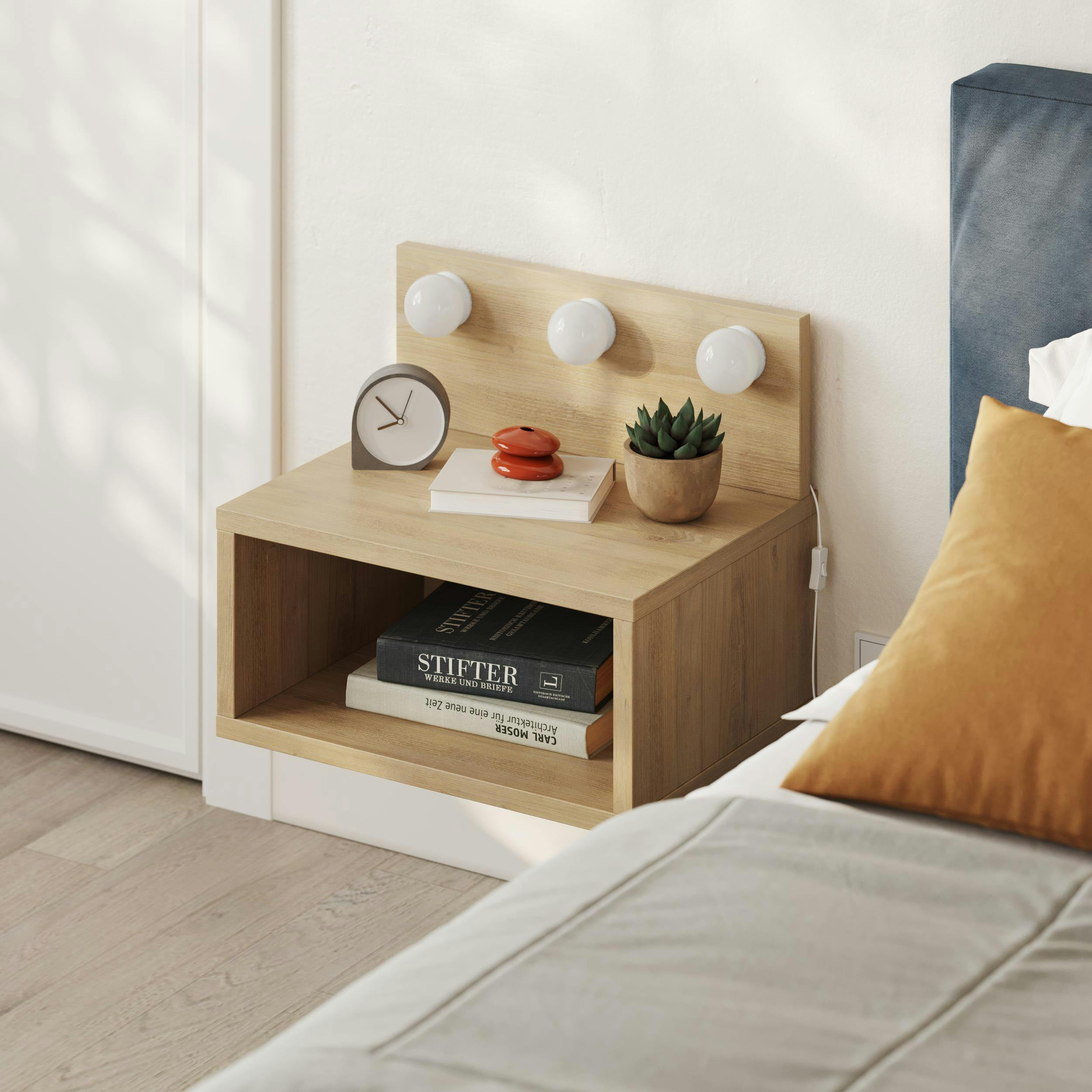 Decortie Yellow/White Floating Bedside Table With 3 Led Lights 30Cm Modern Wall-Mounted Open Shelf For Storage, Bedroom - Oak