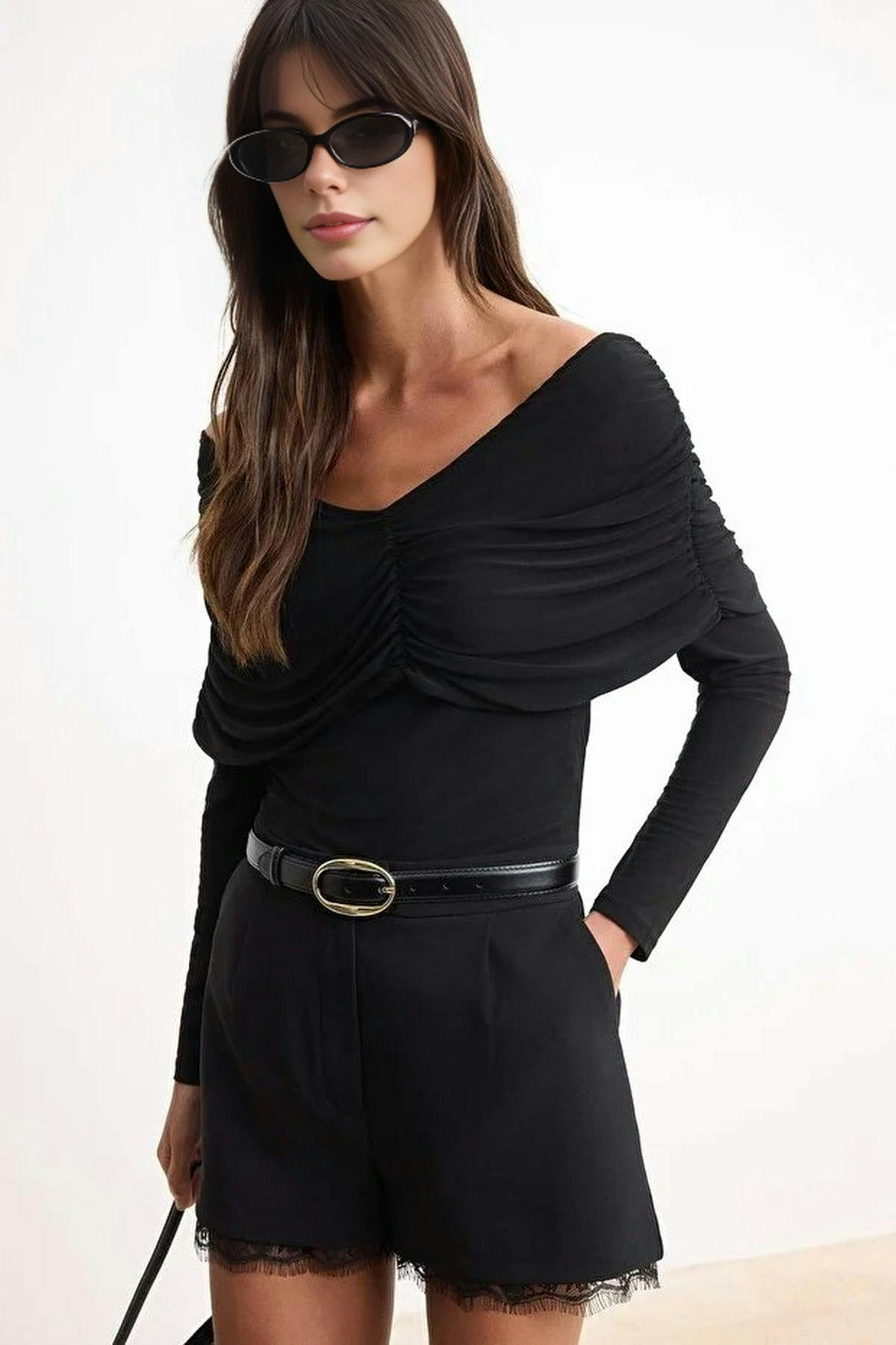 Wovcor Black Fitted Carmen Neckline Gathered Detail Long Sleeve Knitted Blouse - Xs
