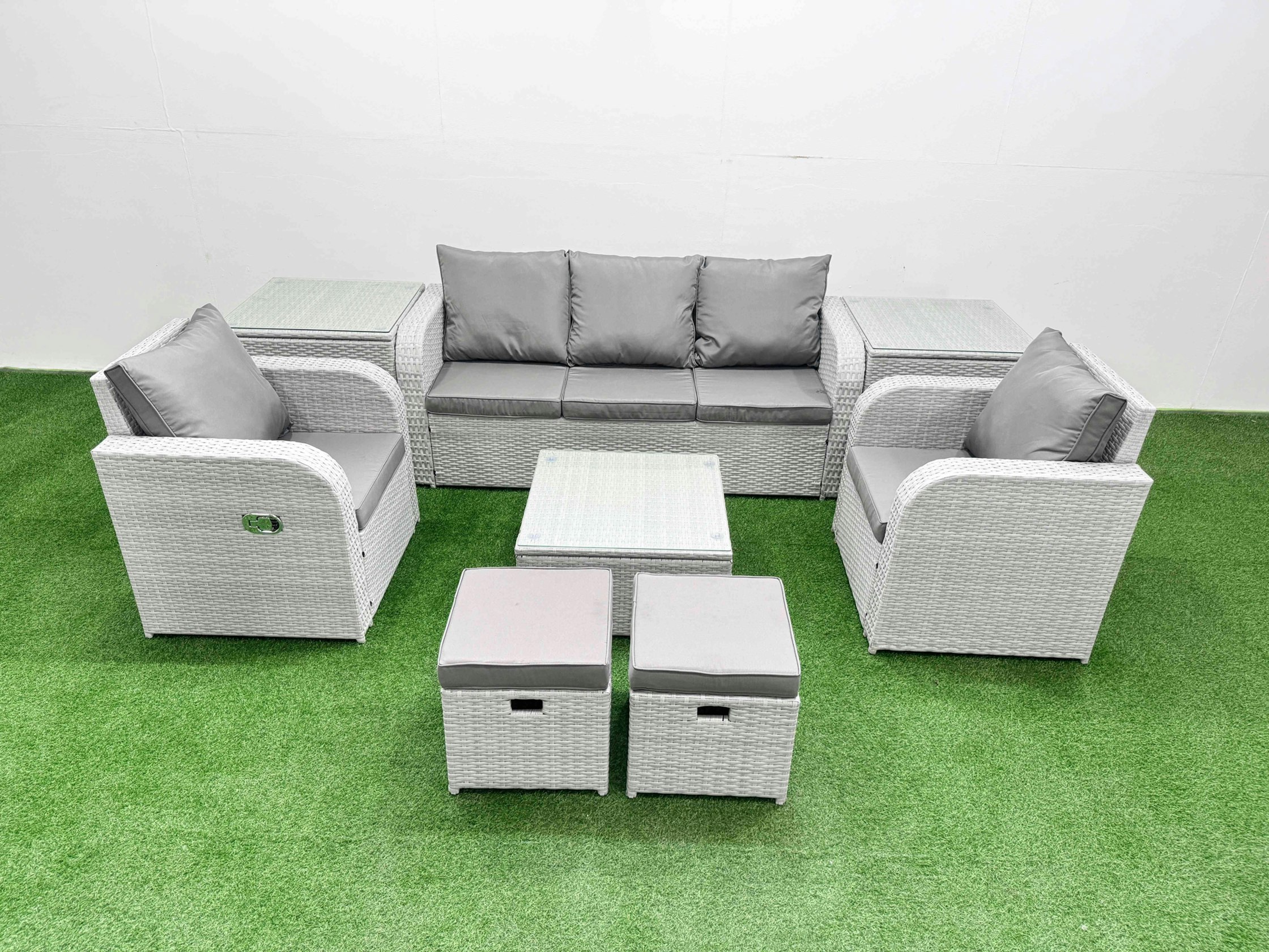 Fimous Light/Grey Pe Rattan Garden Furniture Set Reclining Chair Sofa Lounge Sofa Set Square Coffee Table 2 Side Table 2 Small Stools