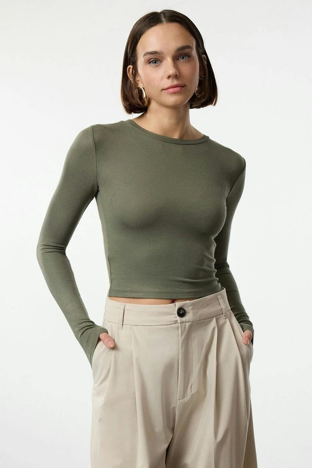 Hoxton Gal Premium Viscose Crew Neck Cropped Stretch Knit Blouse - Khaki - S