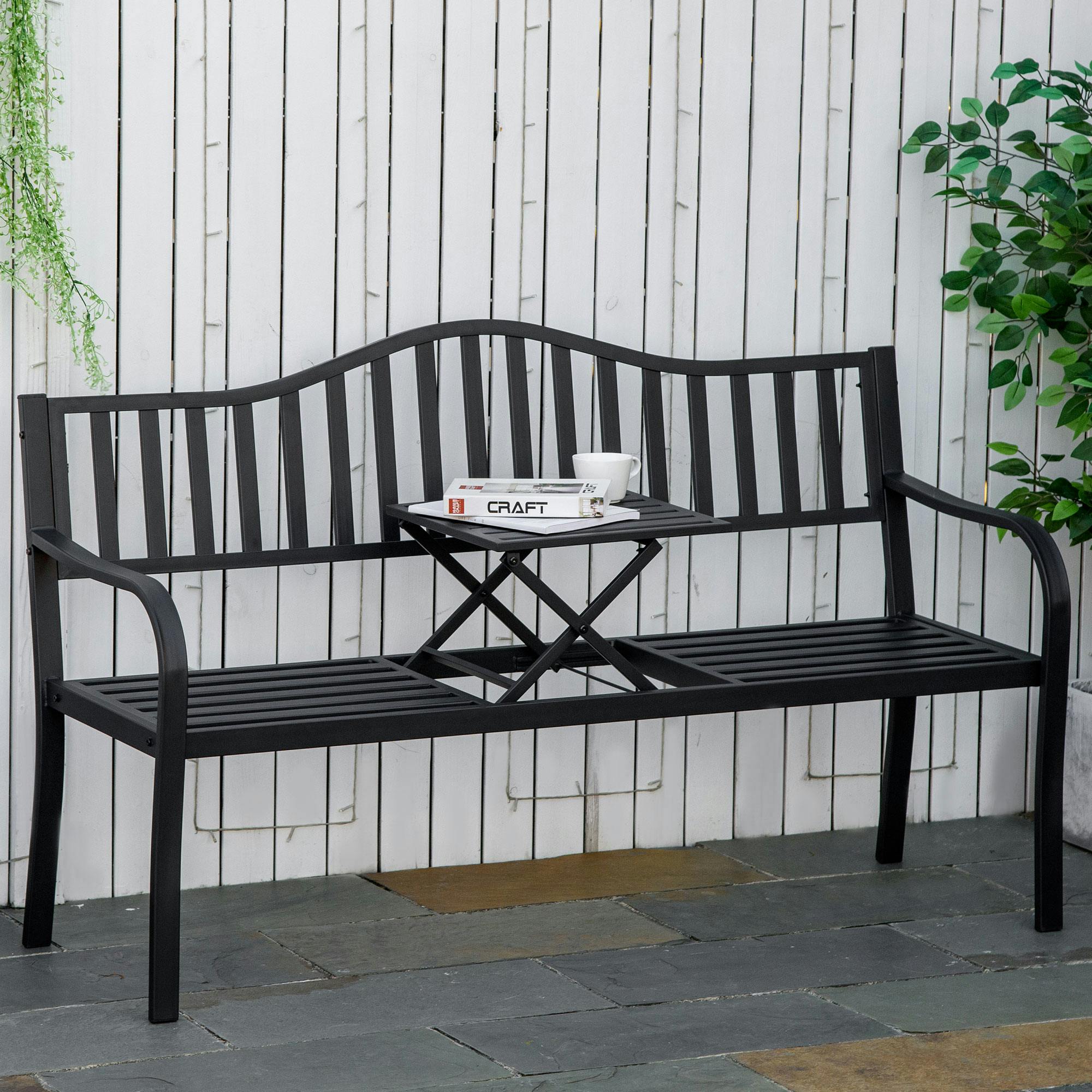Rackhams Black Outdoor Bench With Liftable Middle Table, Patio Loveseat, - Metal - Outdoor Bench