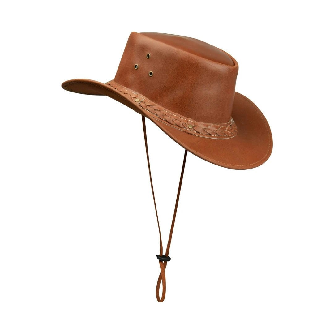 Infinity Leather Unisex Grain Australian Western Cowboy Hat Leather Outback Outlaw Classic - Camel - 2XL