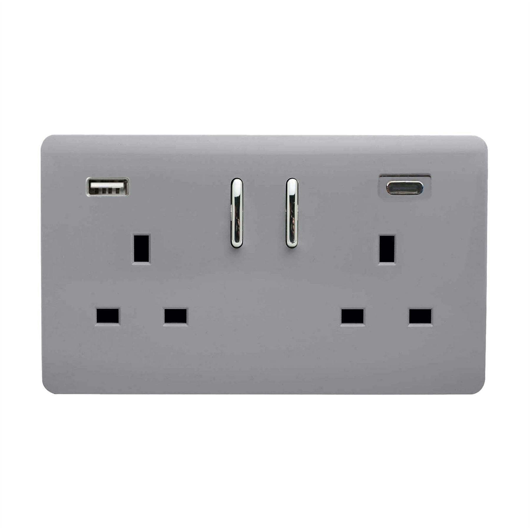 Trendi Switch Silver 2 Gang Usb 3100Ma Type A & C Usb Plug Socket In Platinum