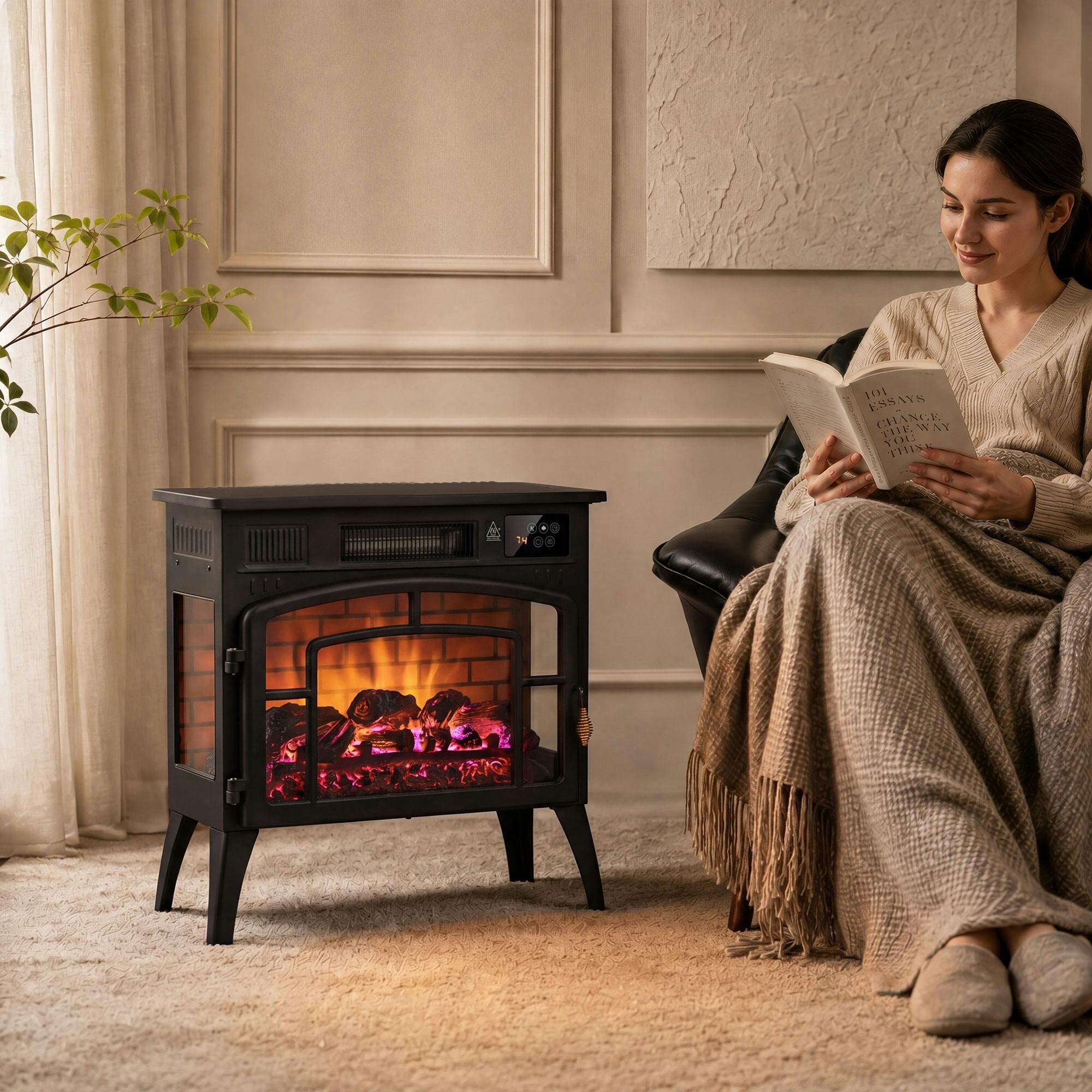 Homcom Black Smart Electric Fireplace Stove With 5-Colour Flame,