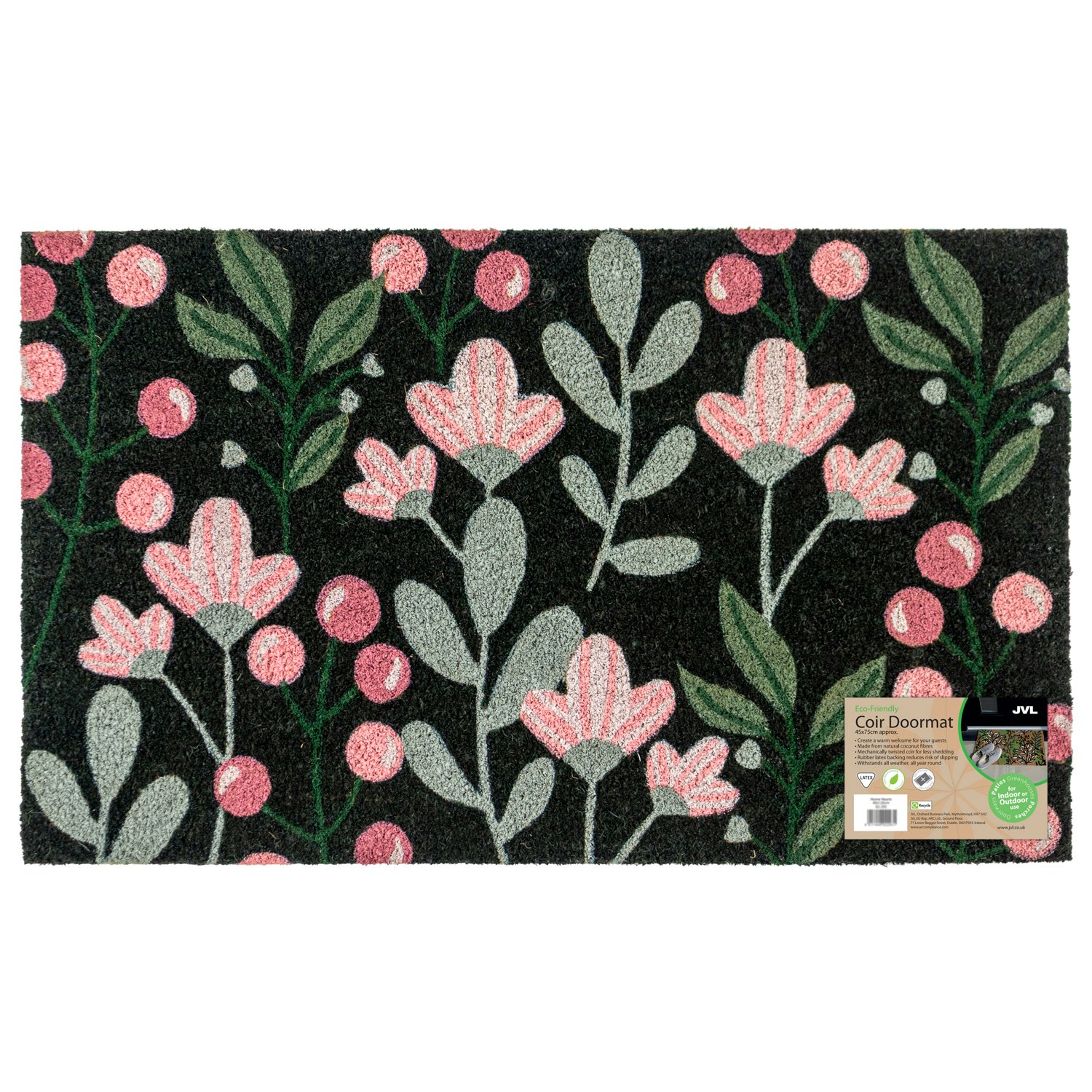 Rackhams Eco-Friendly Latex Backed Coir Entrance Doormat, 45X75cm - Floral