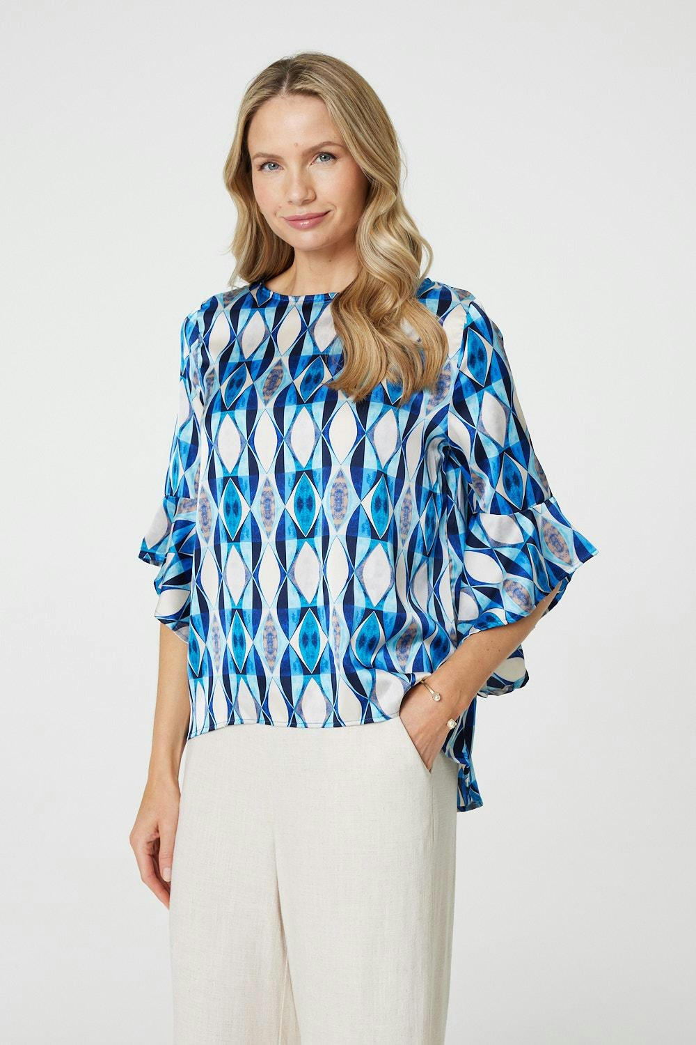 Izabel London Blue Geo Print 3/4 Flute Sleeve Curve Hem Blouse - 10