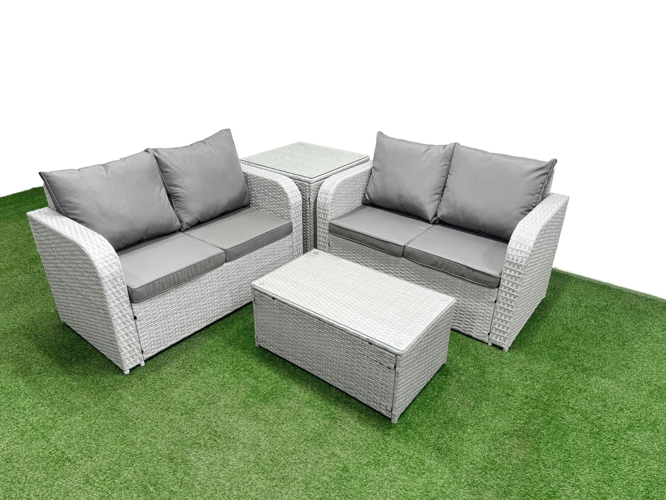 Fimous Light/Grey 4 Seater Outdoor Love Sofa Set Rattan Garden Furniture Set With Rectangular Coffee Table Side Table