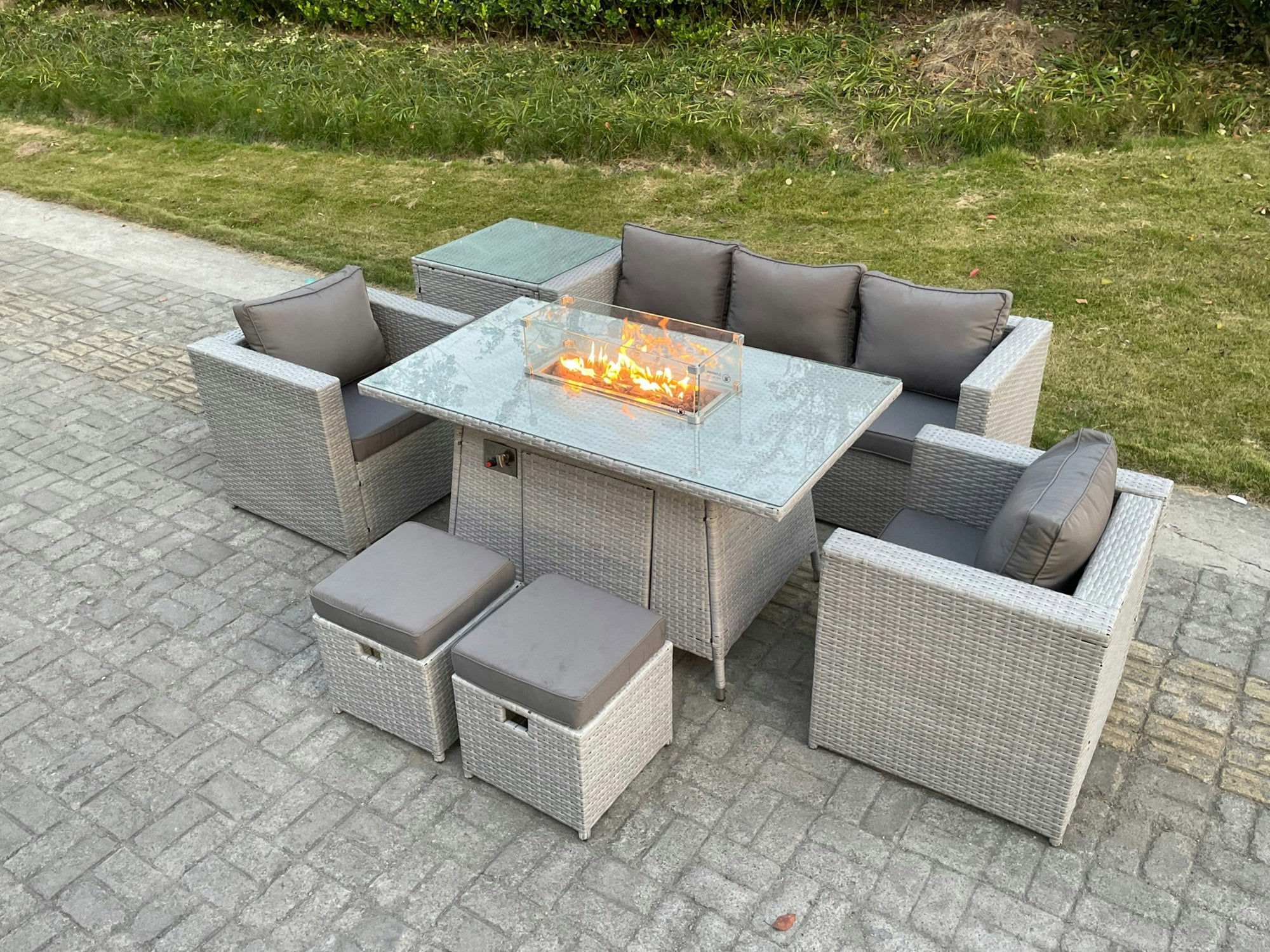 Rackhams Light/Grey/Dark Rattan Garden Furniture Set Gas Fire Pit Lounge Sofa Chair Dining Set With Side Table And 2 Pc Arm Chair Stools