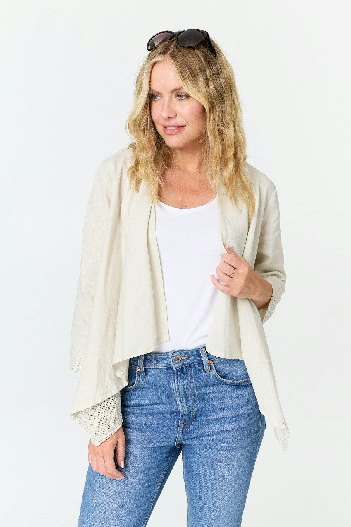 Izabel London Beige 3/4 Sleeve Relaxed Waterfall Cardigan - 8