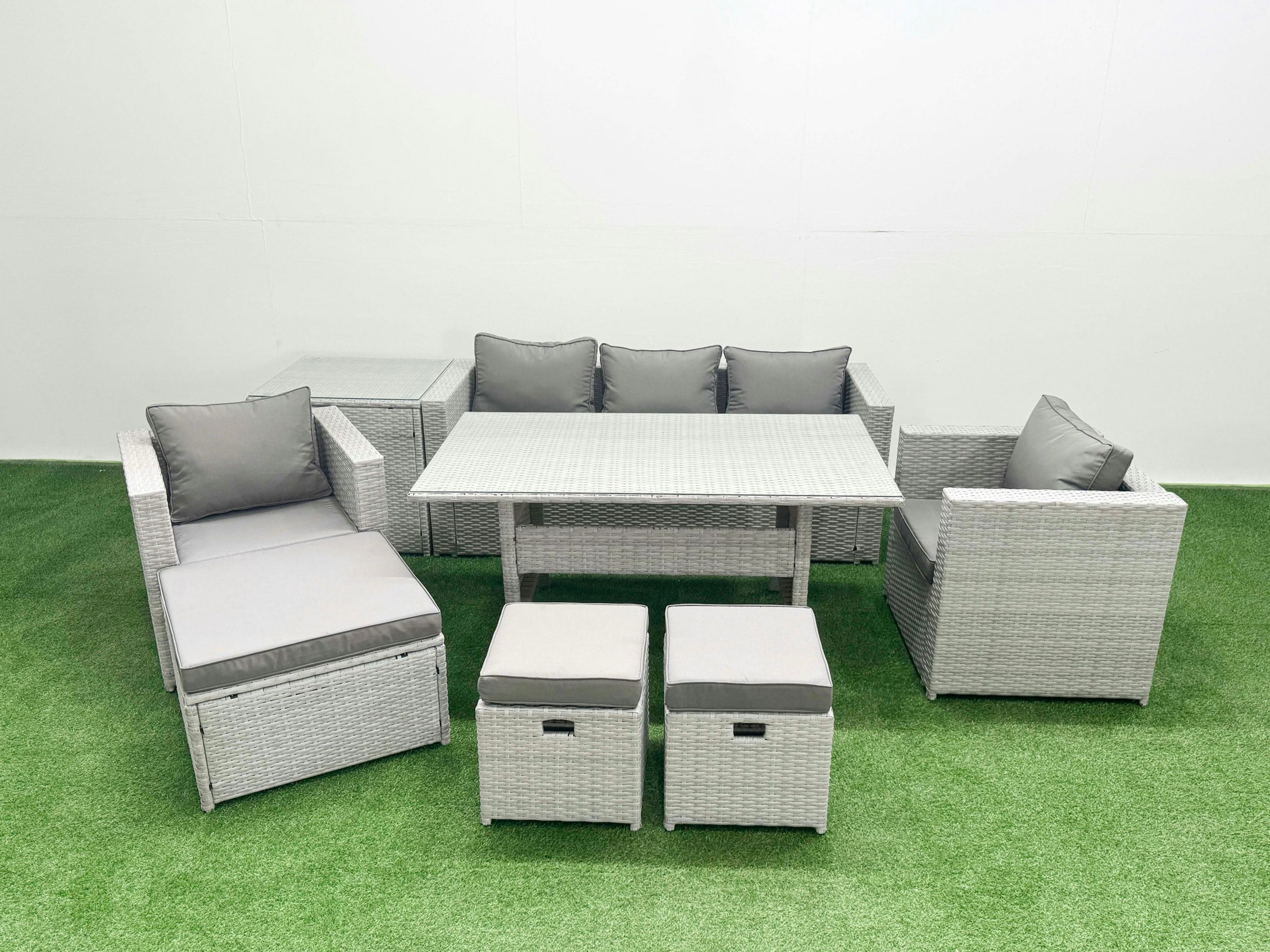 Rackhams Light/Grey Garden Dining Set Outdoor Rattan Furniture Set With Sofa Dining Table 2 Chairs 3 Footstools Side Table Mixed