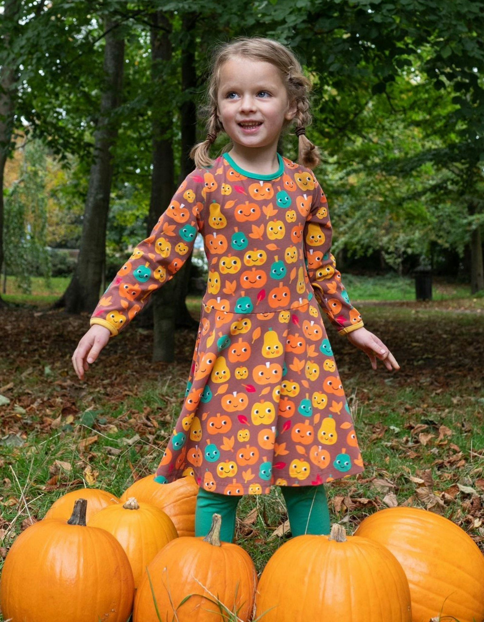 Toby Tiger Organic Pumpkin Print Long-Sleeved Skater Dress - 7-8Y / 128Cm