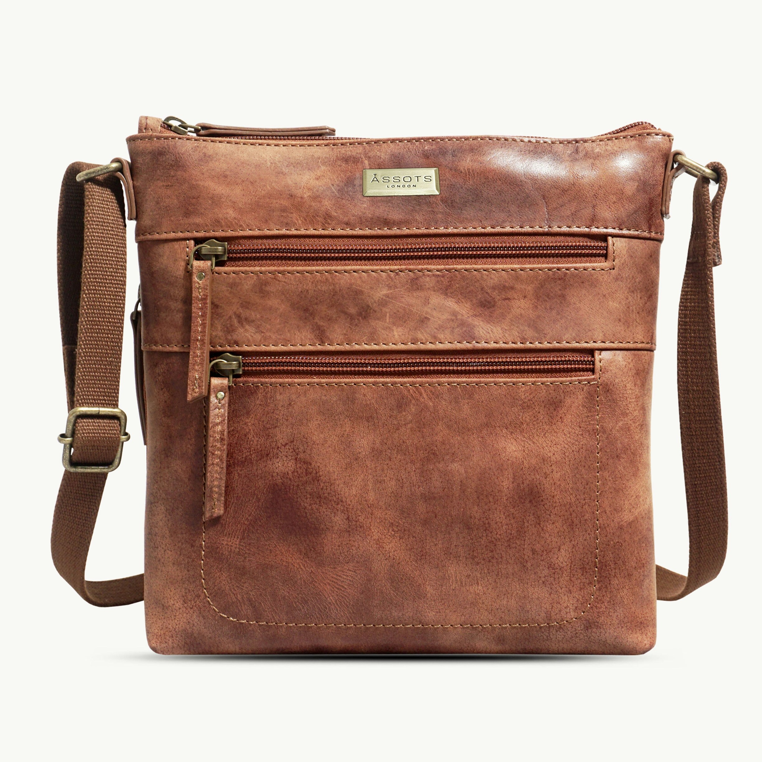 Assots London Beige 'Cori' Distressed Tan Real Leather Crossbody Bag 26Cm