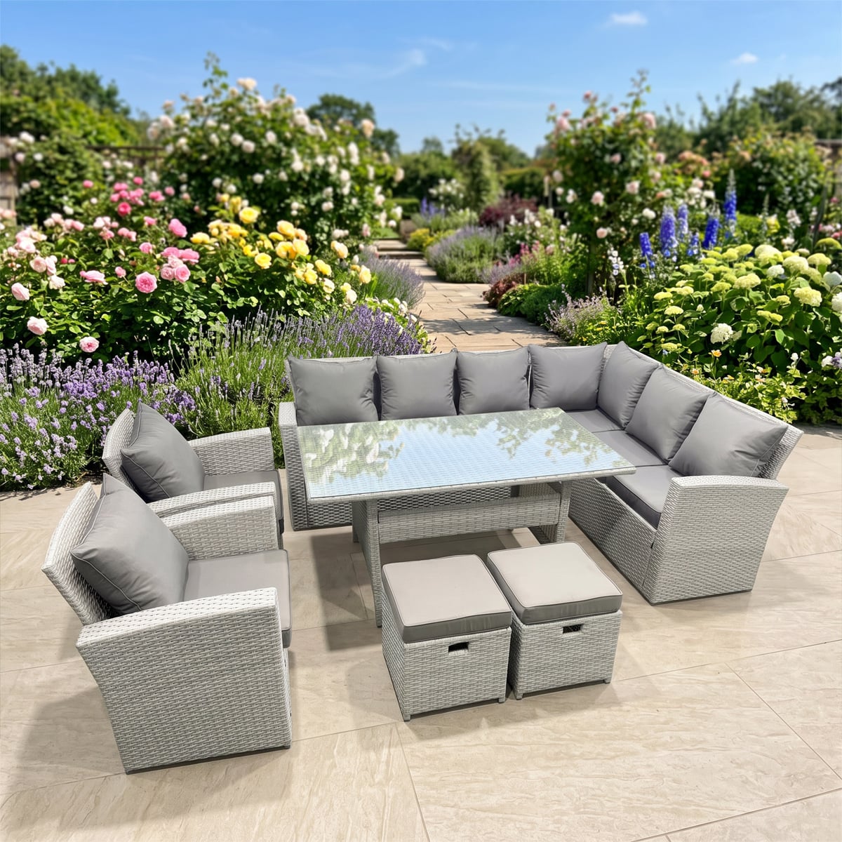 Fimous Light/Grey Rattan Garden Furniture Set Outdoor 10 Seater Patio Dining Corner Sofa Sets With Dining Table Chair 2 Small Footstool Mixed