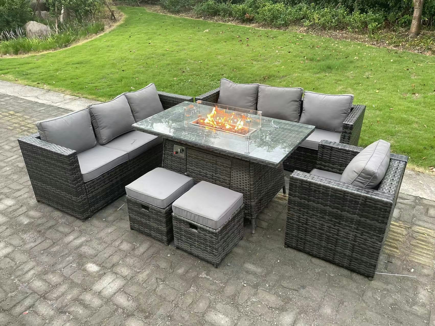 Rackhams Dark/Grey 9-Seater Rattan Outdoor Gas Fire Pit Dining Set | Gas Heater, Armchair, 2 Stools |