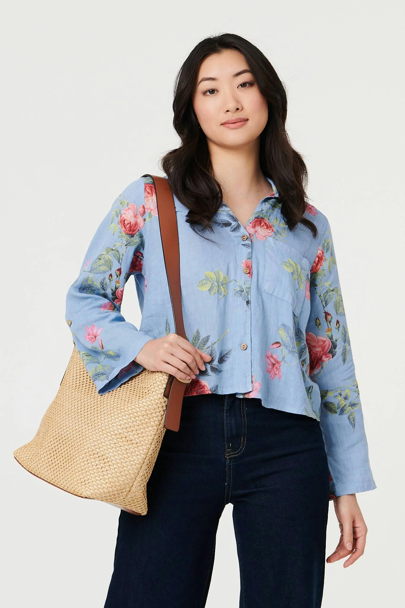 Izabel London Blue Floral 3/4 Turn-Up Sleeve Cropped Shirt - 10