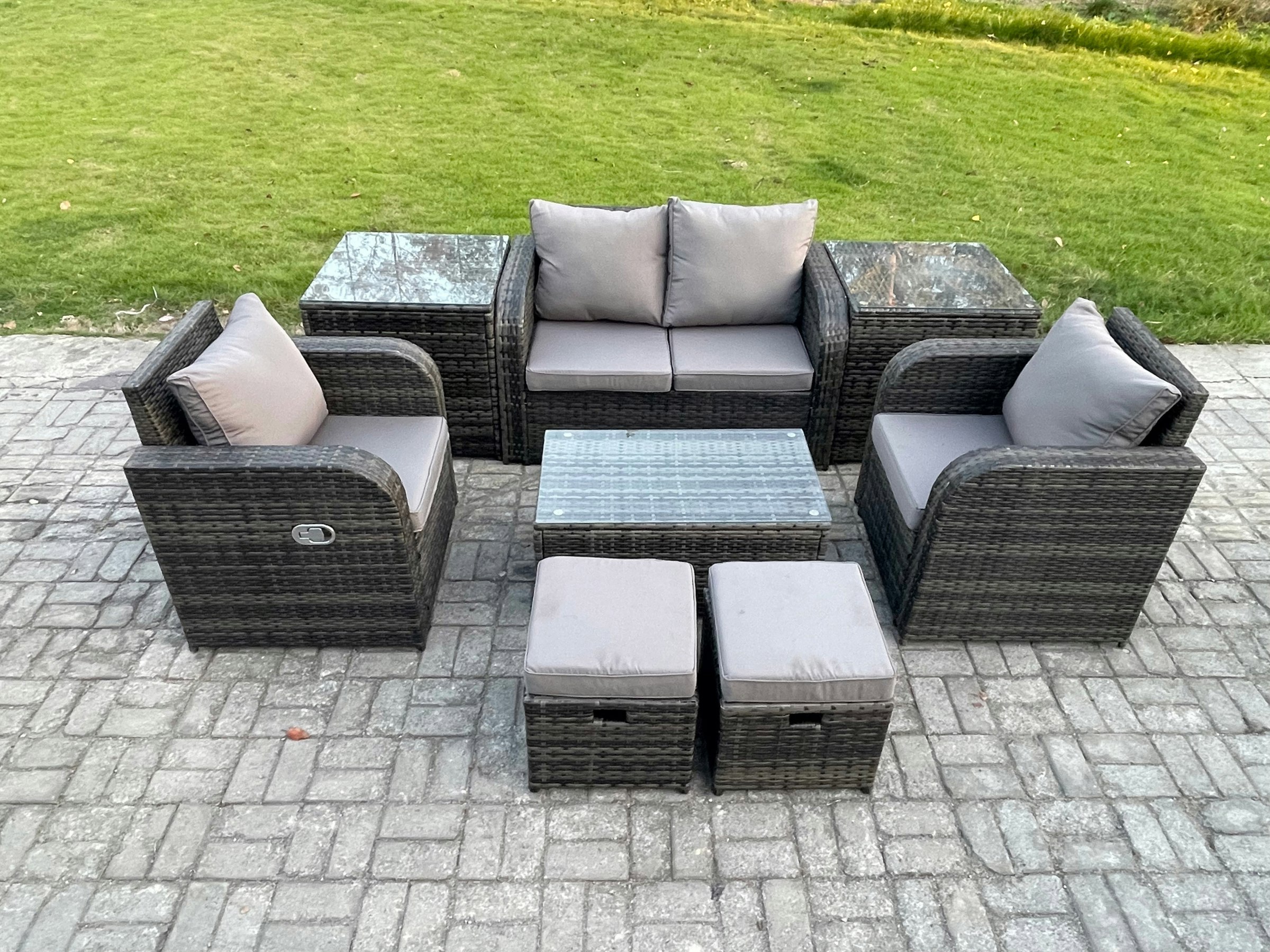 Fimous Dark/Grey Outdoor Lounge Sofa Set 6 Seater Rattan Garden Furniture Set With Rectangular Coffee Table 2 Small Footstools 2 Side Tables Mixed