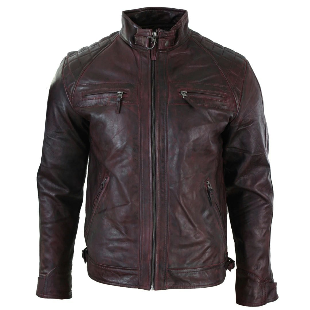 Aviatrix Men's Burgundy Zipped Short Biker Leather Jacket - Small - Model 1