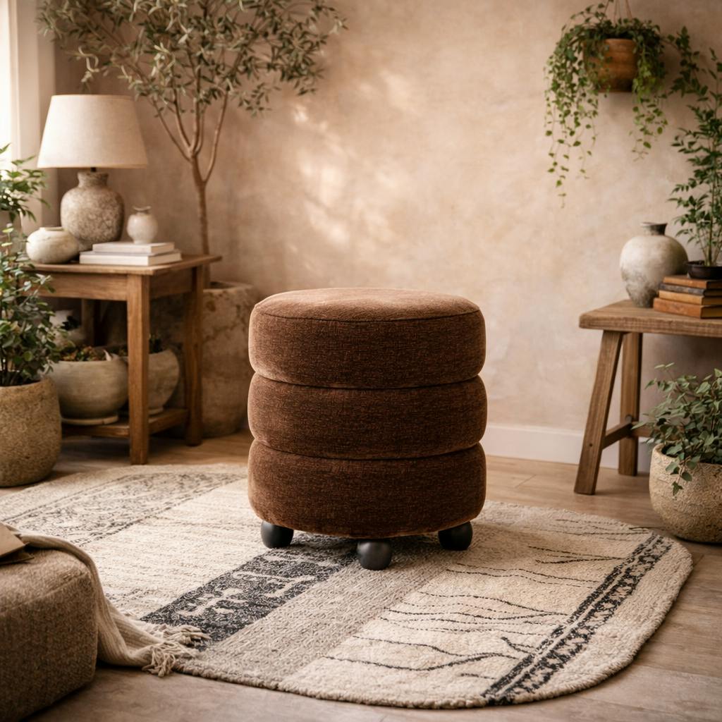 Wyld Haus Black Antipodes Maroon Chenille Round 3 Tier Pouffe