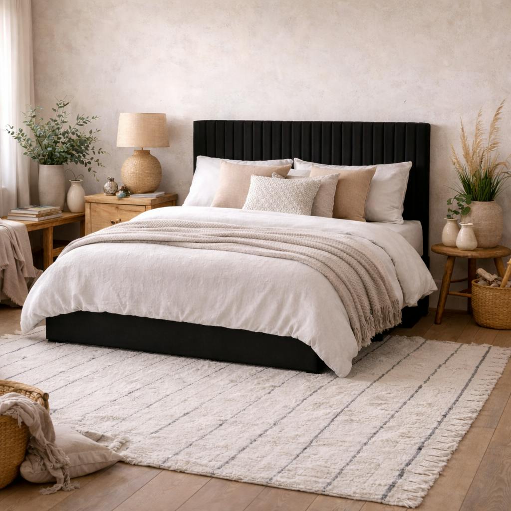 Wyld Haus Black Dublin Upholstered 5Ft King Size Ottoman Bed Tall Ribbed Headboard