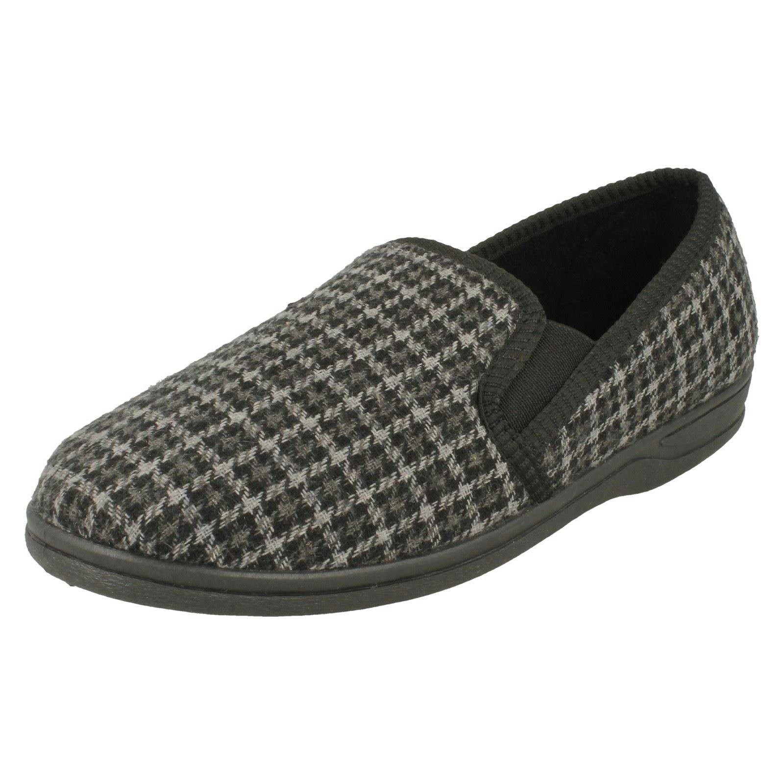 Spot On Men's Dark/Grey Check Detail Gusset Slippers Mason - Uk 11
